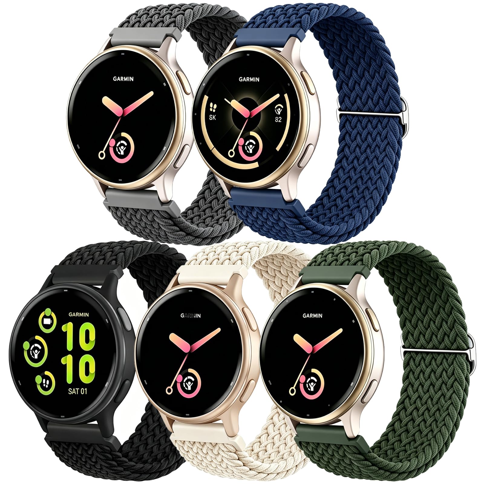 5 Pack nylon Braided 20mm Watch Straps Compatible with Garmin Vivoactive 5/6 Strap, Adjustable Stretchy Solo Loop for Garmin Venu 2 Plus/Sq/Forerunner 55/245 Music/645/645 Music Strap for Women Men