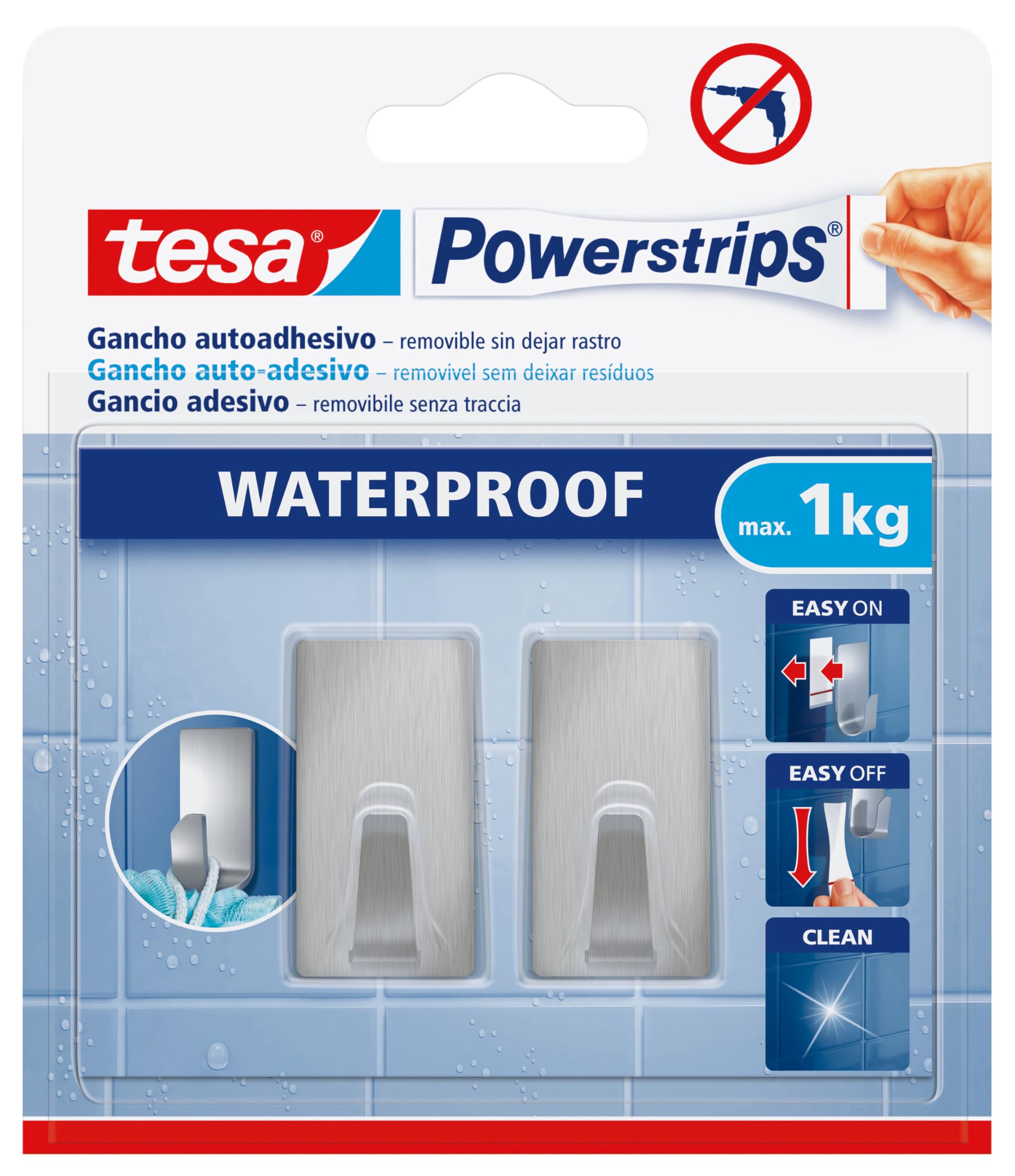 tesa Powerstrips Haken Waterproof S Metall eckig - selbstklebender Wandhaken für Küche und Bad, groß - Handtuchhaken aus Edelstahl, silber matt - belastbar bis zu 1 kg, 2 Stück