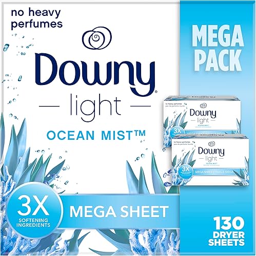 Downy Hojas de secado ligero Mega Secadora, hojas de secadora suavizantes de tela, niebla oceánica, 130 unidades