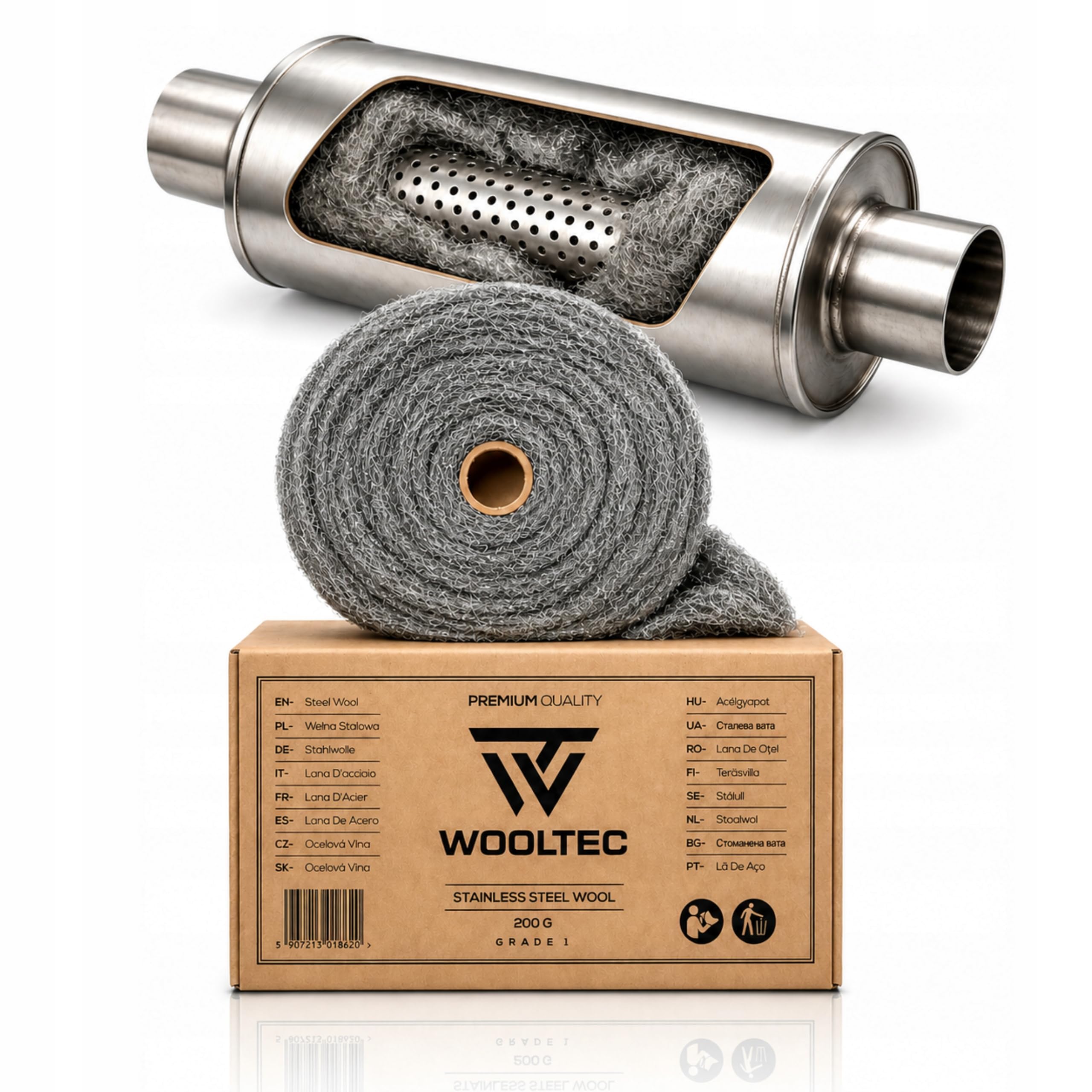 Auspuffwolle Edelstahl 400g Grad 1 – Schalldämpfer Stopfwolle Hitzebeständig Rostfrei – PKW Motorrad – 2 × 2–2,5 m WOOLTEC