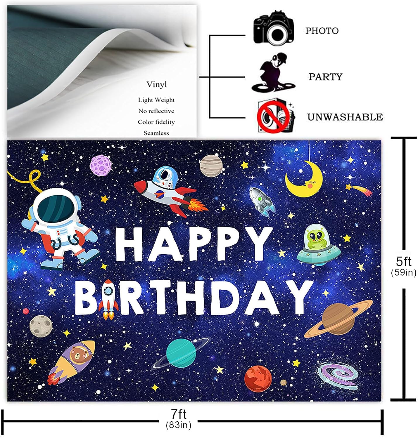 Avezano Outer Space Happy Birthday Backdrop for Boy Blue Planet Birthday Photography Background Universe Galaxy Planet Boys Birthday Party Photoshoot Backdrops (7x5ft)