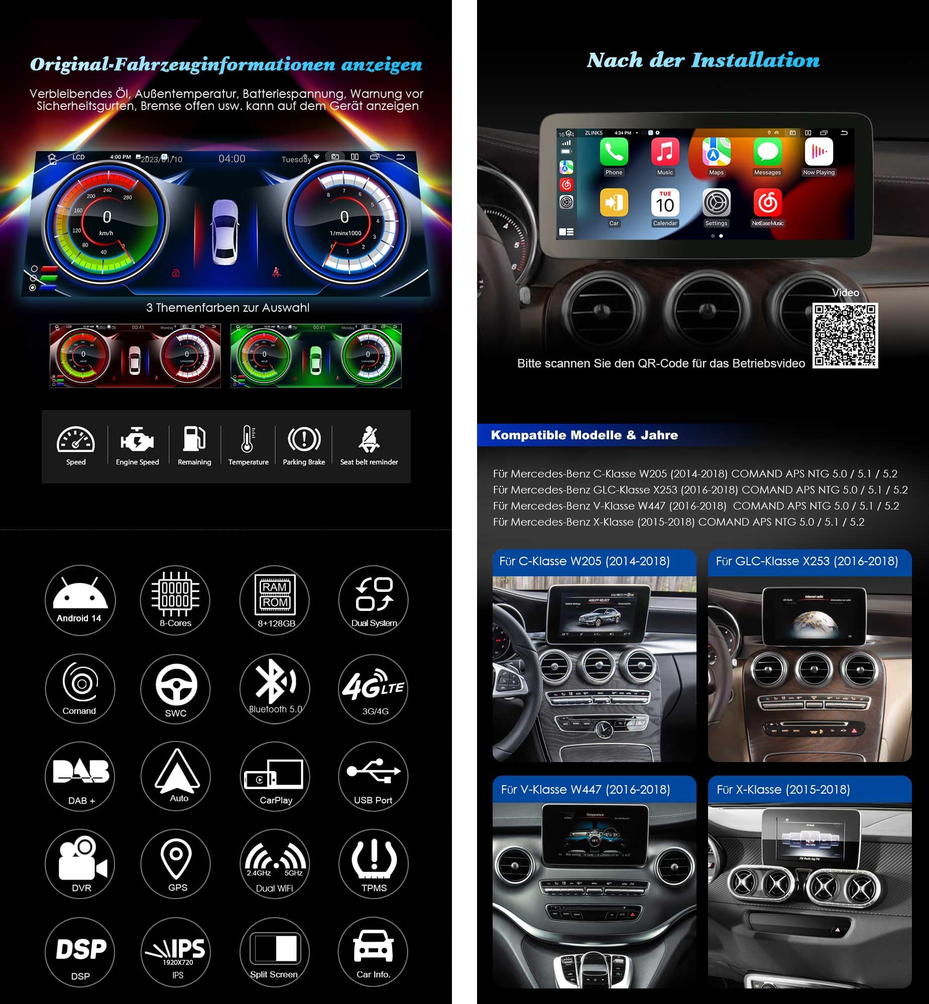 12.3 Zoll 8GB+128GB Android 14 Autoradio mit GPS Navigation für Mercedes C/GLC/V-Klasse W205 X253 W447 NTG 5.0/5.1/5.2 Bluetooth CarPlay Android Auto WiFi 4G DAB+ IPS Touchscreen USB DSP Canbus