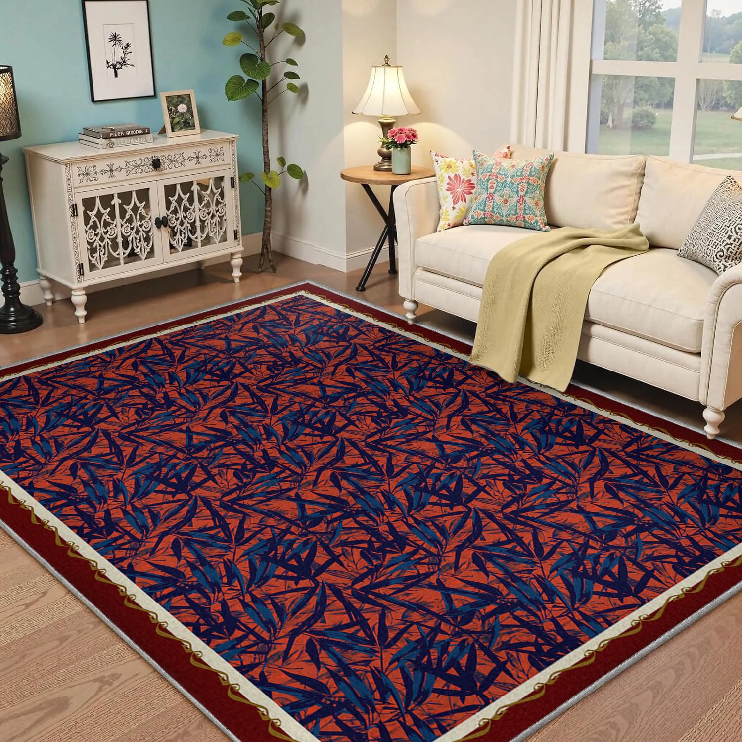 Tapis 180x240cm bleu et rouge à motif feuilles de bambou abstrait pour salon