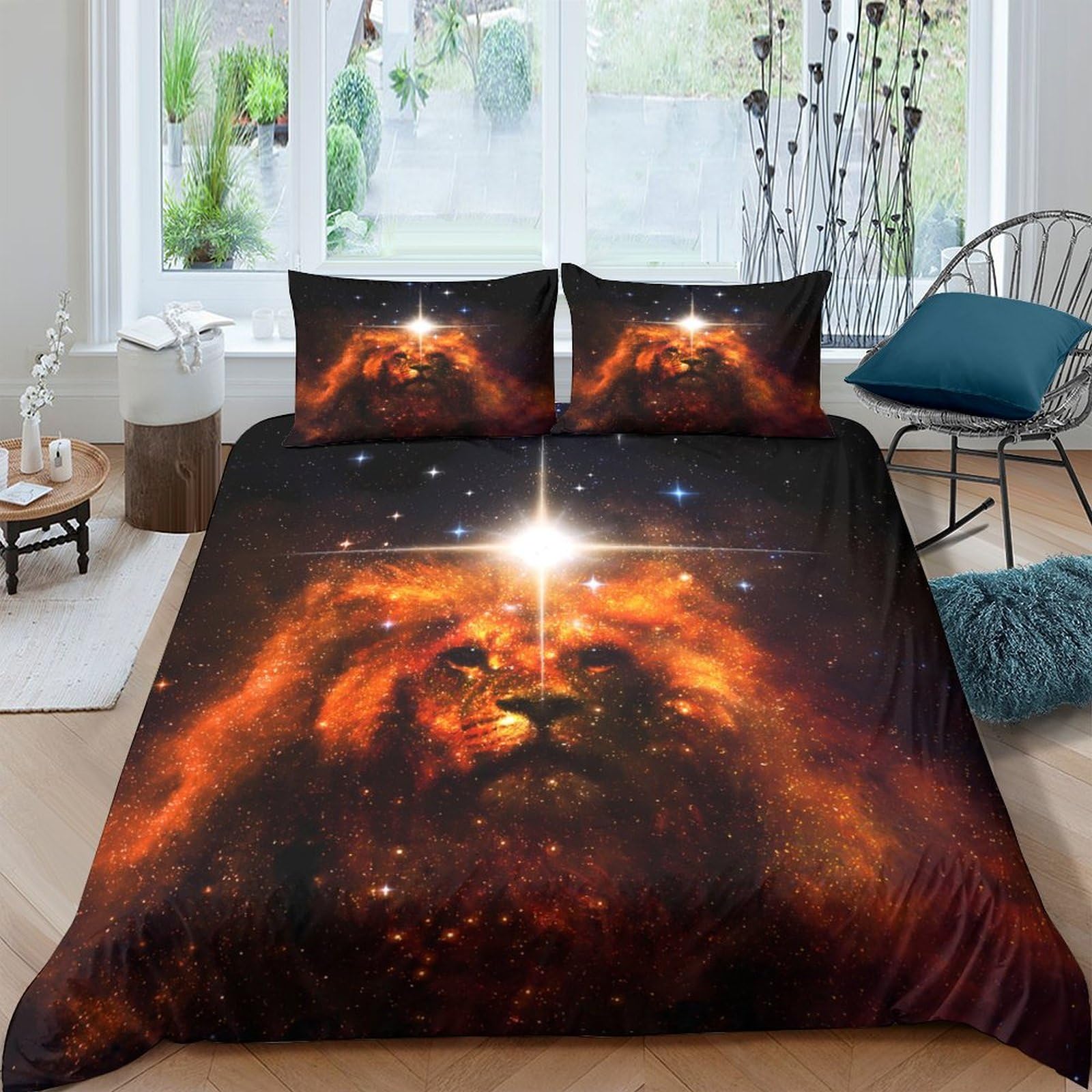 3D Printed Lion Galaxy Duvet Cover Microfiber Soft Breathable Cosmic Universe Bedding Set with 2 Pillowcases for Bedroom Décor Single（135x200cm）
