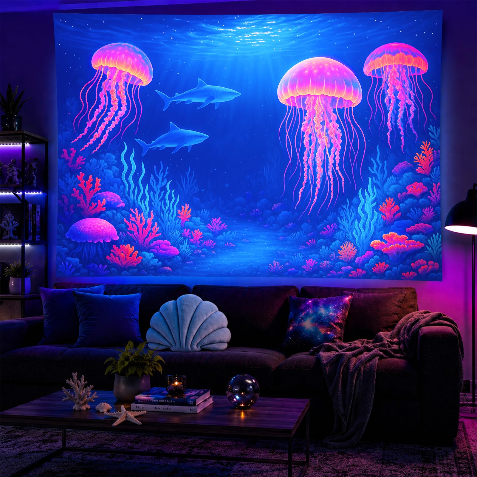 BlissYard Blacklight Tapestry Jellyfish Shark Wall Art 78 x 59 Inch
