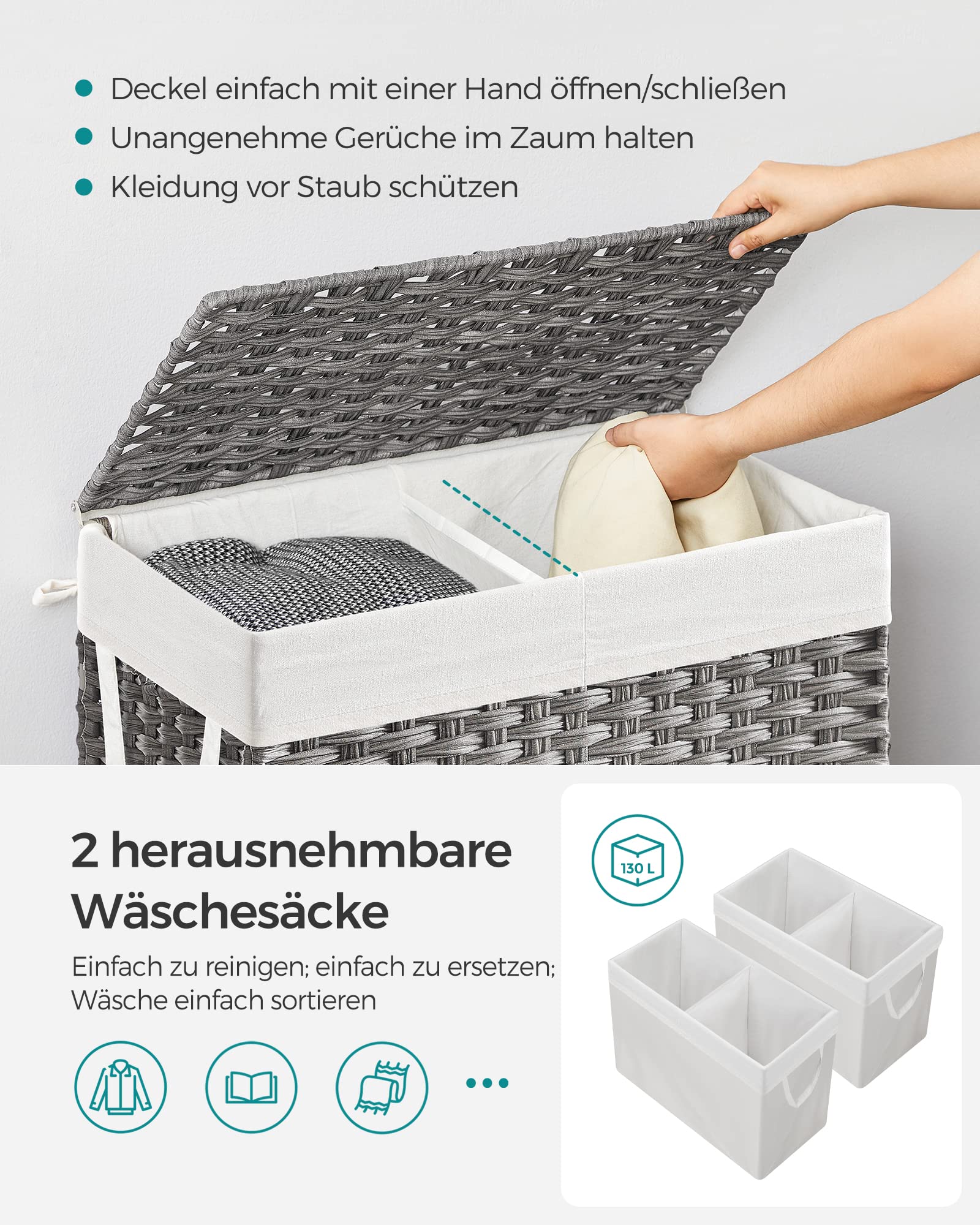 SONGMICS Wäschekorb mit Deckel, 130 Liter, 2 Fächer, handgeflochten | Wäschesammler, 33 x 66 x 60 cm, herausnehmbarer Wäschesack mit Griffen, grau, ELIOTT Kollektion LCB253G01