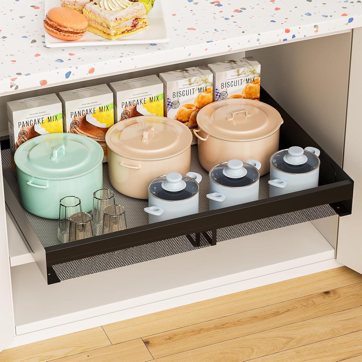 Hisencn Pull Out Cabinet Organizer, Expandable Width 13.9"-22", 21.8" Deep Heavy Duty Slide Out Drawer for Kitchen Cabinets, No Drill Roll Out Shelves with Adhesive Nano Film (Black)