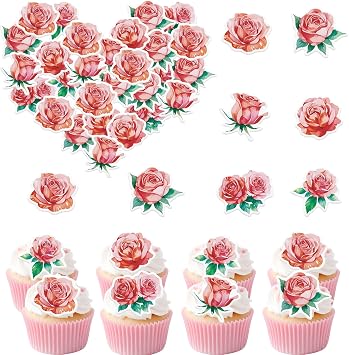 48PCS Edible Rose Flower Cupcake Toppers Wafer Paper Roses Decorations Flower Birthday Party Decorations Rose Cake Toppers for Wedding Engagement Birthday Party Cake Decor Supplies Pink