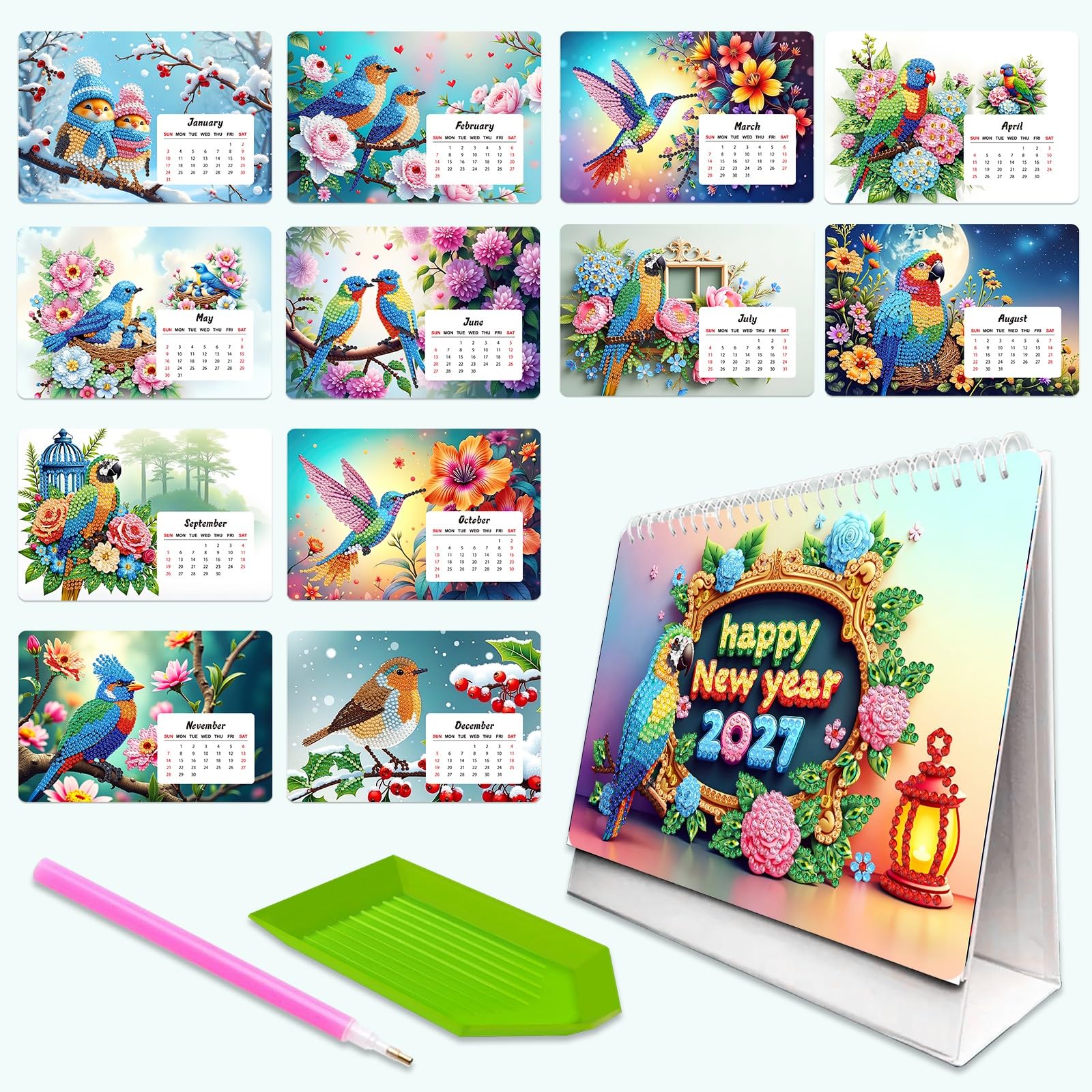 Lebartm 2027 DIY Diamond Art Desk Calendar Creative Design Thick Paper Calendar Ornaments Diamond Art Painting Monthly Flip Tabletop Calendar for Office Home Planning-Bird