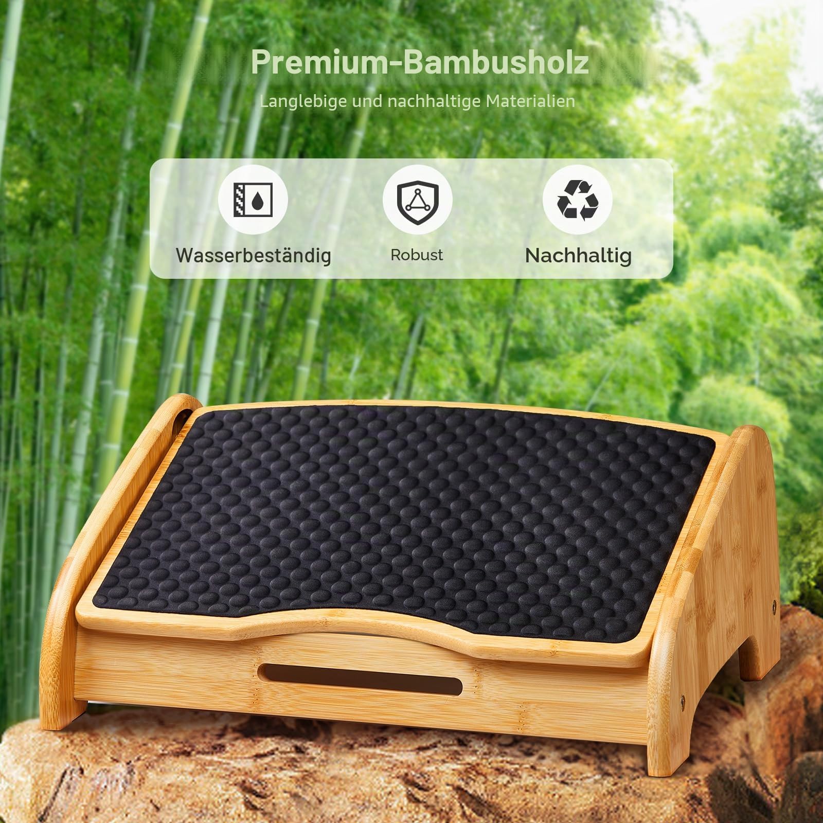 HUANUO Bambus Fußstütze Schreibtisch, ergonomisch mit 4 Höhen & verstellbaren Winkeln, Kieselstein-Massagefläche, rutschfest Fußstütze unterm Schreibtisch, Verbesserung der Arbeitshaltung, Haus & Büro