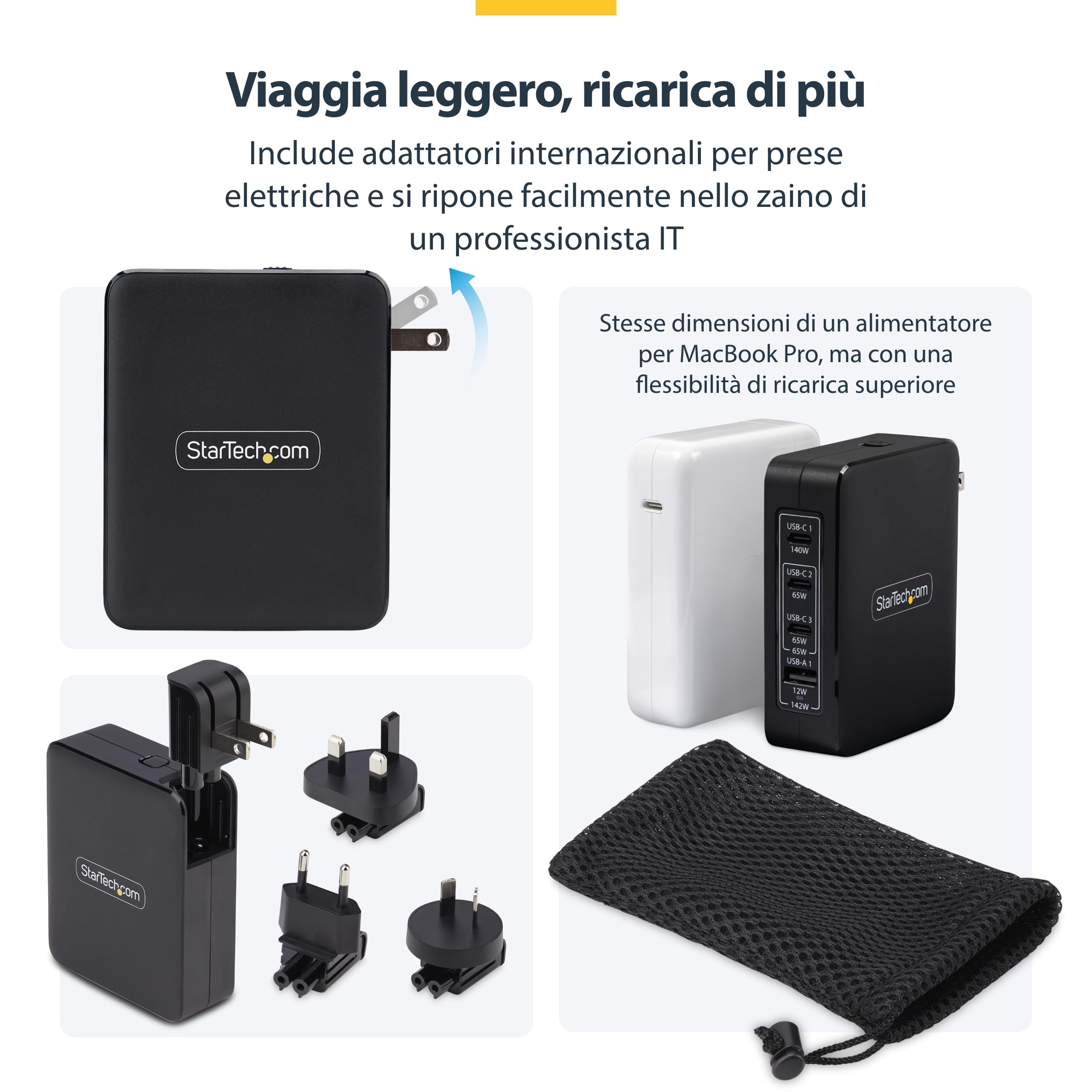 StarTech Caricatore USB-C da Parete 140W GaN, 3x USB-C e 1x USB-A, PD 3.1 | Supporta Inspiron, Alimentatore da Viaggio Compatto