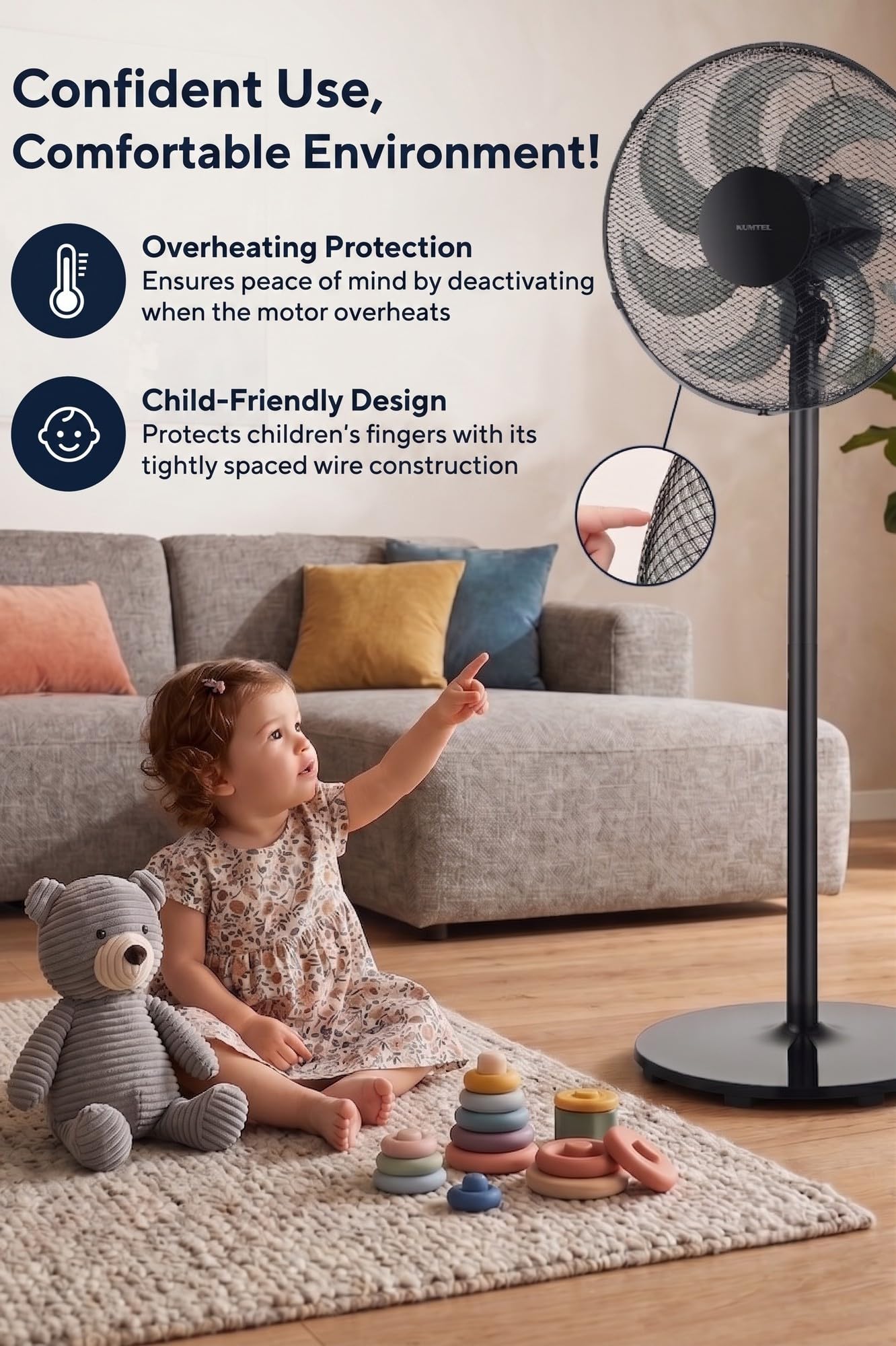 Opviq Kumtel Potente Ventilatore Nero 50W 130cm Altezza Regolabile 7 Pale 3 Velocità Silenzioso Motore In Rame Efficiente