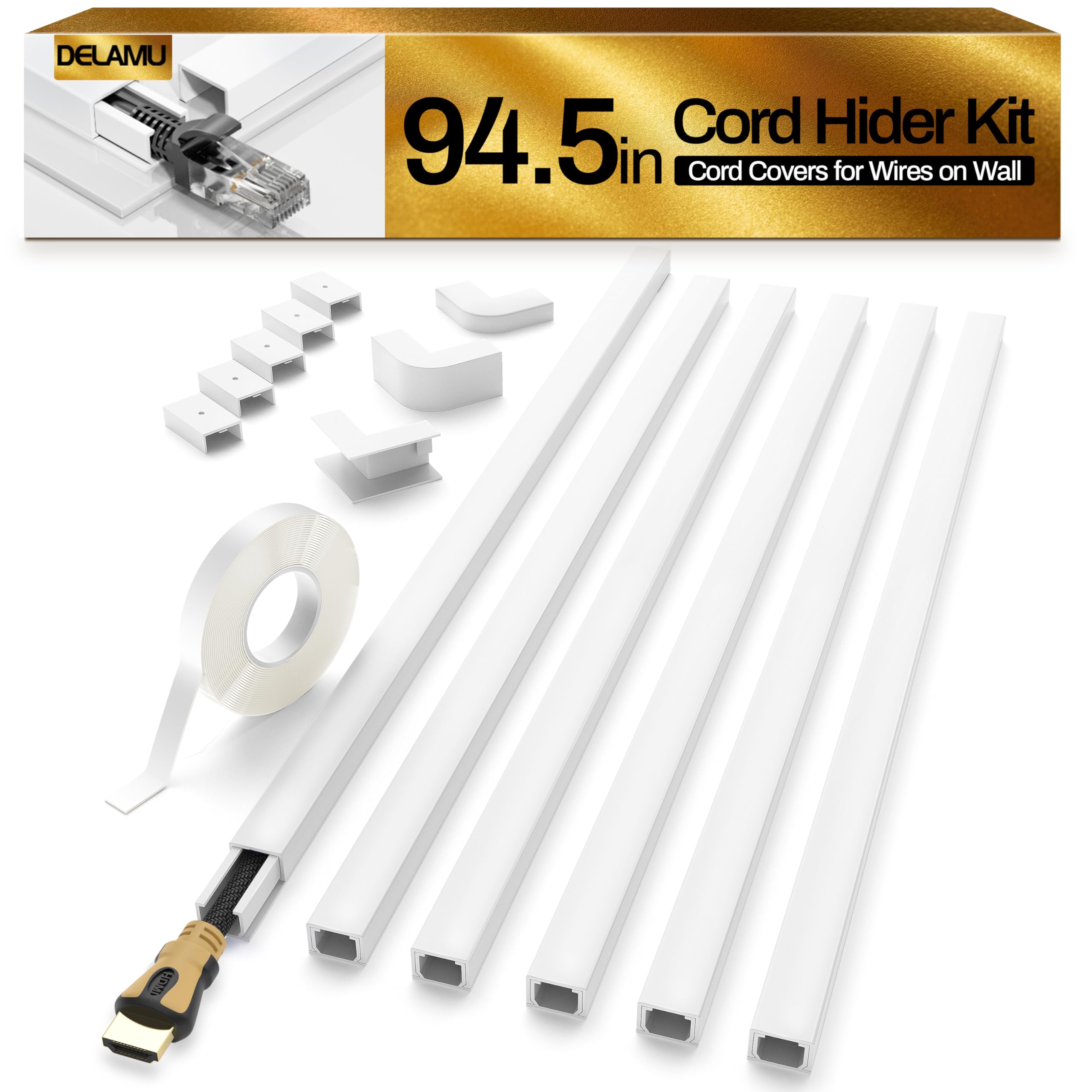 Delamu Cord Hider, 94.5in Cord Covers for Wires on Wall, One-Cord Cable Hider, Wire Hiders Wire Covers for TV Cords on Wall, Easy Mount Cable Cover Management Kit, 6xL15.7 W0.59 H0.4in, White
