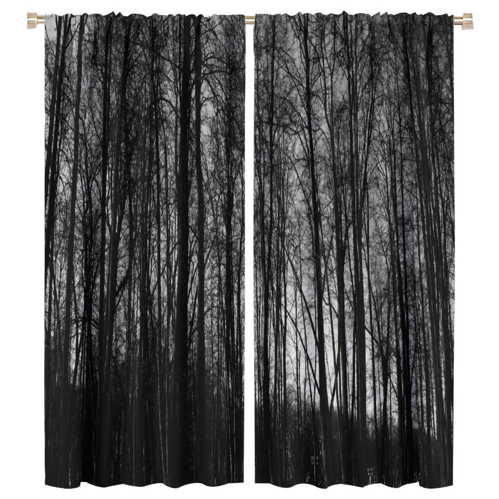 Shelifestyle Style-8 Gothic Black Forest Curtains, Gloomy Dark Forest Foggy Mysterious Pine Black Tree Forest Blackout Rod Pocket Window Treatments Drapes For Bedroom Living Room 52X84in