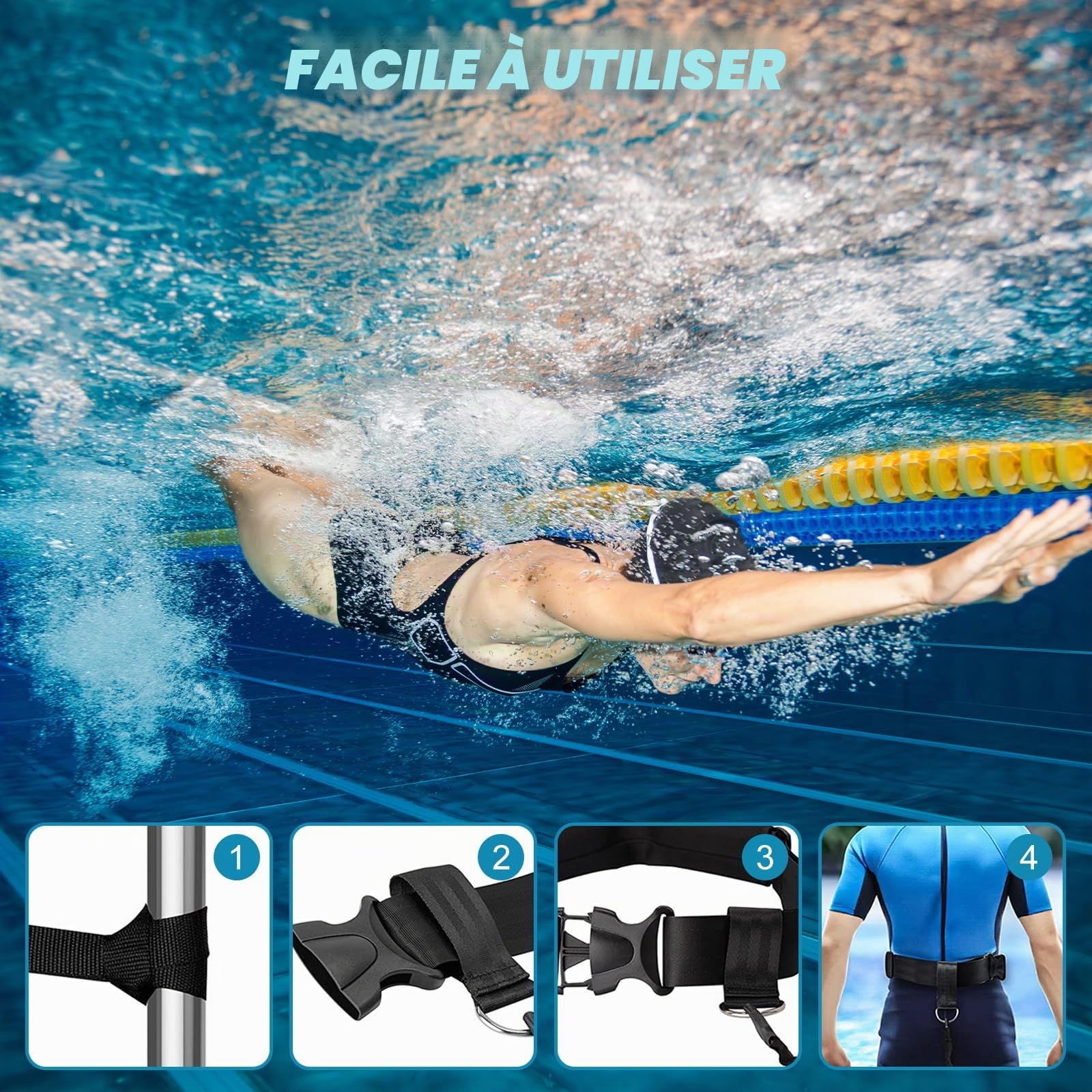 Ceinture De Natation pour Piscine, Sangle De Natation pour Piscine, Ceinture D'entraînement De Natation Ceinture De Résistance De Natation Ceinture Réglable pour Entraînement De Résistance en Piscine