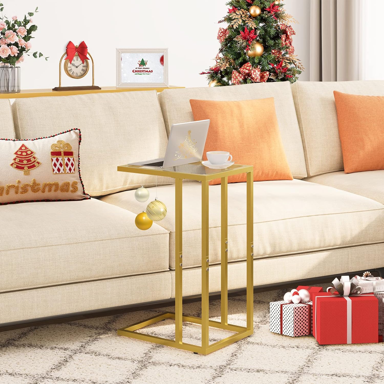 HOOBRO Set of 2 C-Shaped Side Table, Gold Side Table, Tempered Glass Sofa Side Table, Under Sofa Table, Small Coffee Table with Metal Frame, Small Bedside Table for Living Room, Gold EGD03SFP201 3