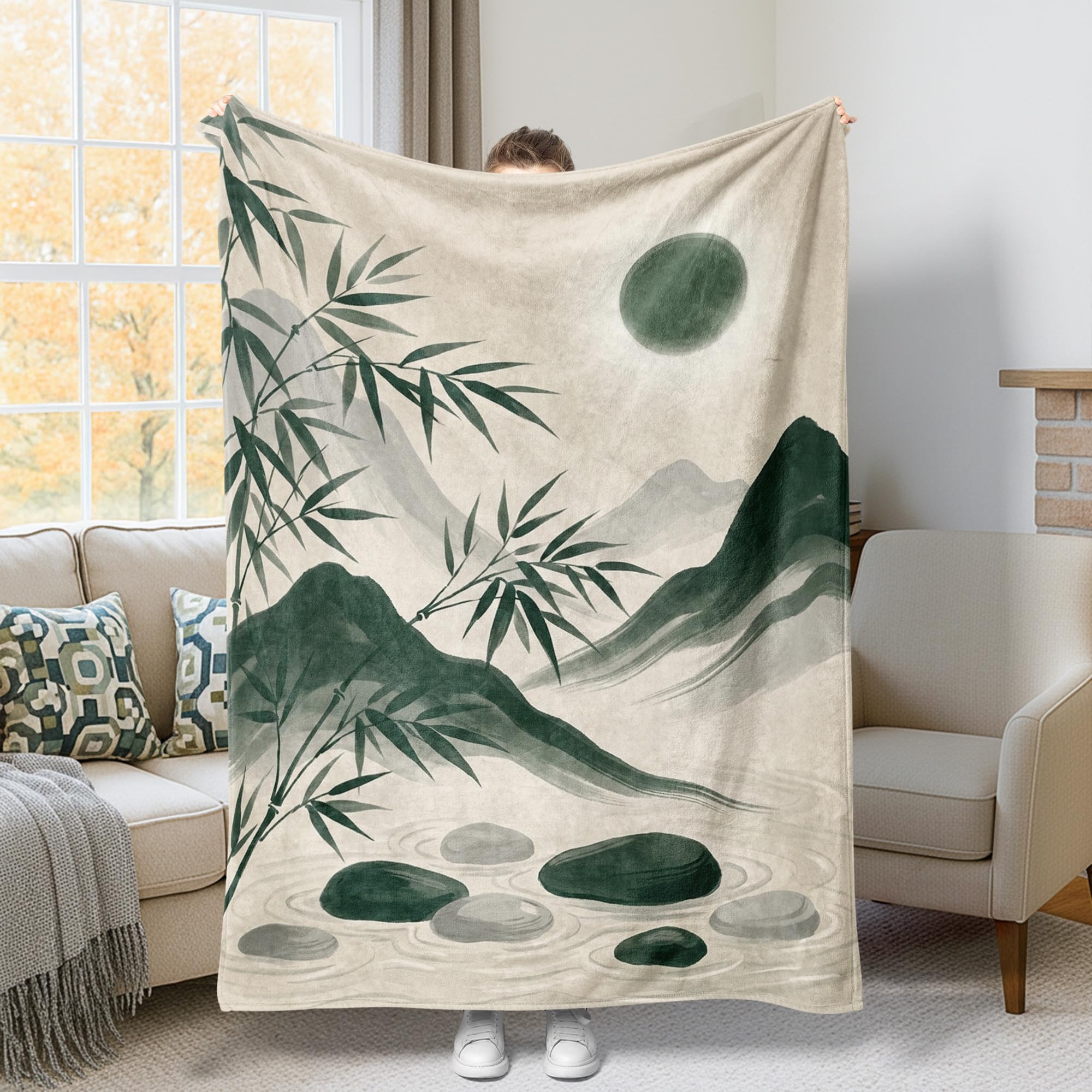 Couverture jeté de plante en peluche dense motif roche zen grand plaid de canapé haut de gamme