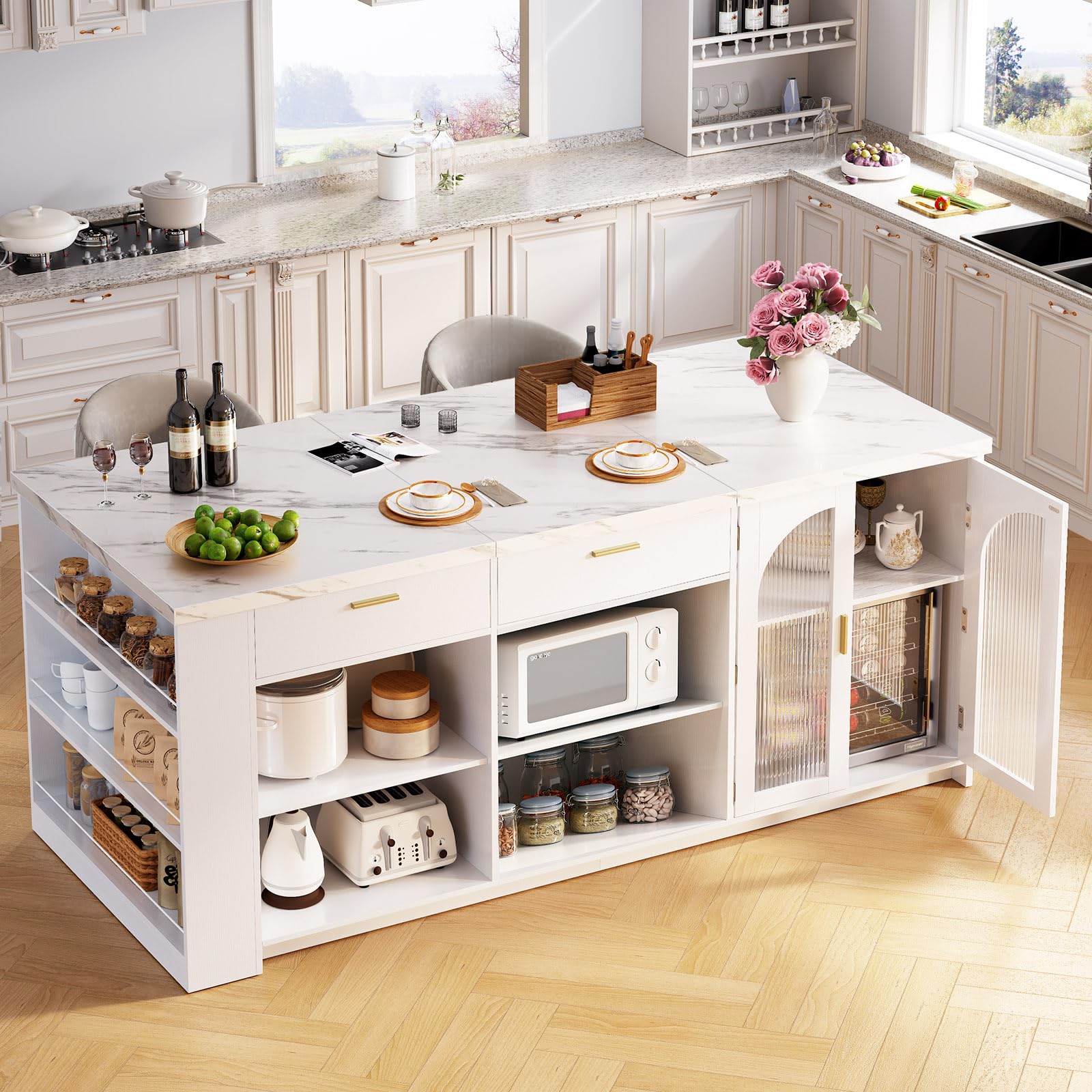 IBF 71 Large Kitchen Island with Storage White Faux Marble
