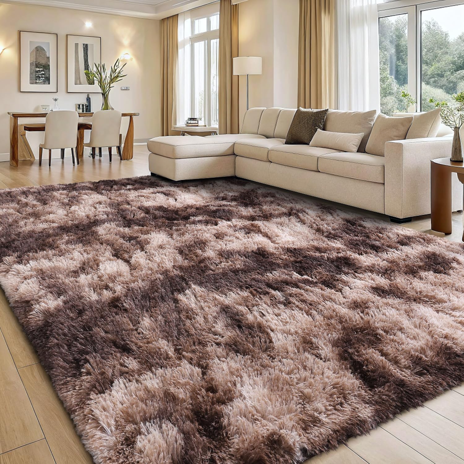 smiry Rugs Living Room 240x340cm, Area Rugs for Bedroom, Machine Washable Anti Slip Soft Fluffy Shaggy Tie-dye Floor Carpet for Kids Girls and Boys, Nursery Room, Coffee