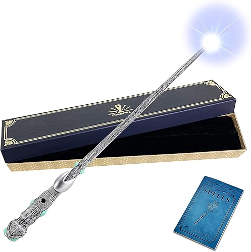 ChampWe Varita mágica iluminadora recargable para niños, colección de brujas, accesorios de cosplay con libro de hechizos y caja de regalo (hoja)