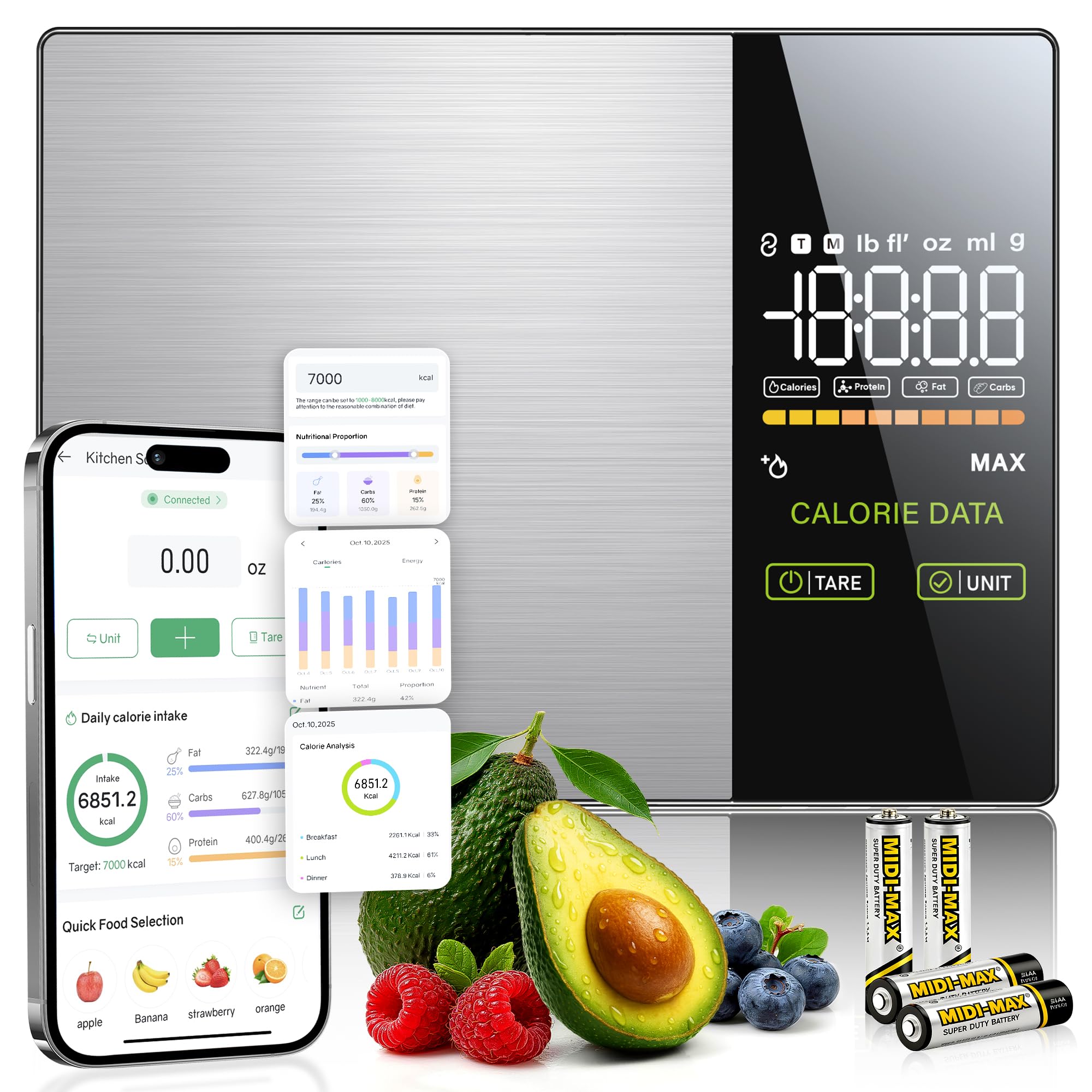 Letron Silver Smart Food Scale With Nutritional Calculator With 23 Nutrients Tracking&Led Display,Bluetooth Sync To Fitdays+ App,Stainless Steel,5Kg Capacity,Calorie Counting For Calorie Control&Fitness Goal,