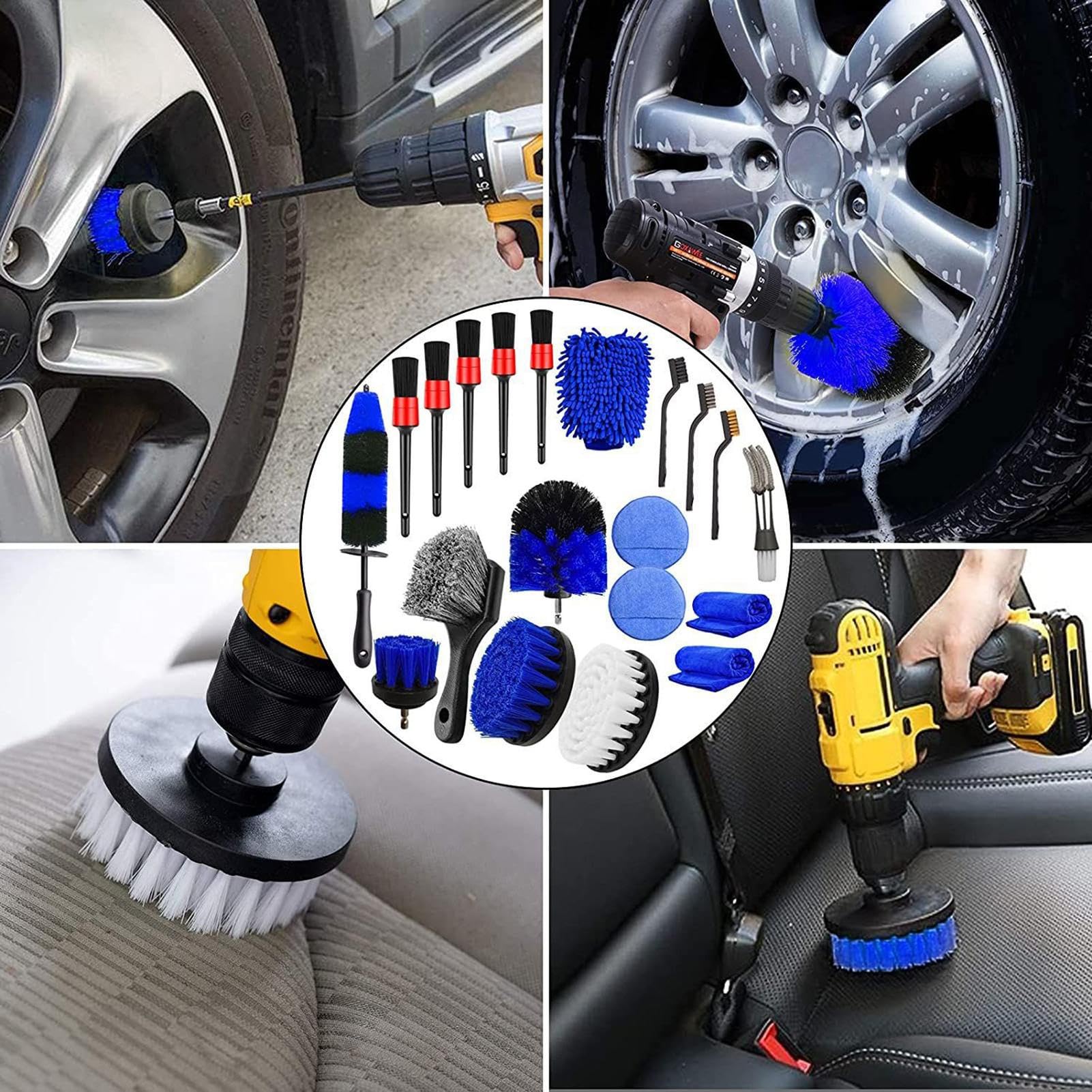 Kit di Pulizia per autolavaggio Esterno,Kit di Pulizia per Auto | Interno | Guanti da Lavaggio da 20 Pezzi per spazzole per Trapano per Dettagli Automatici - Kit Professionale per la Cura