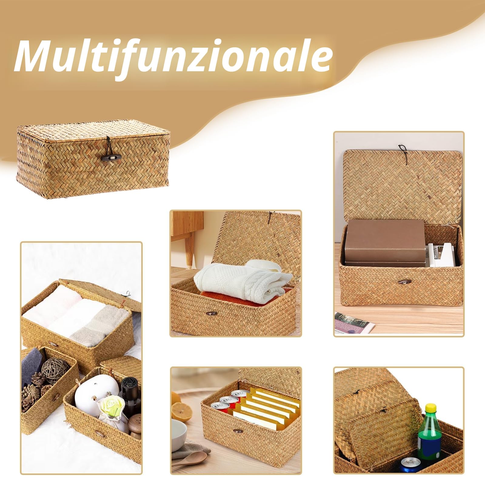 Cesto Portaoggetti in Rattan Intrecciato, Set di 3 Cestini Portaoggetti in Vimini con Coperchio, Cesta in Vimini di Seagrass, per Scaffali, Scrivania, Organizer per la CasaS(S, M, L, Arancione)