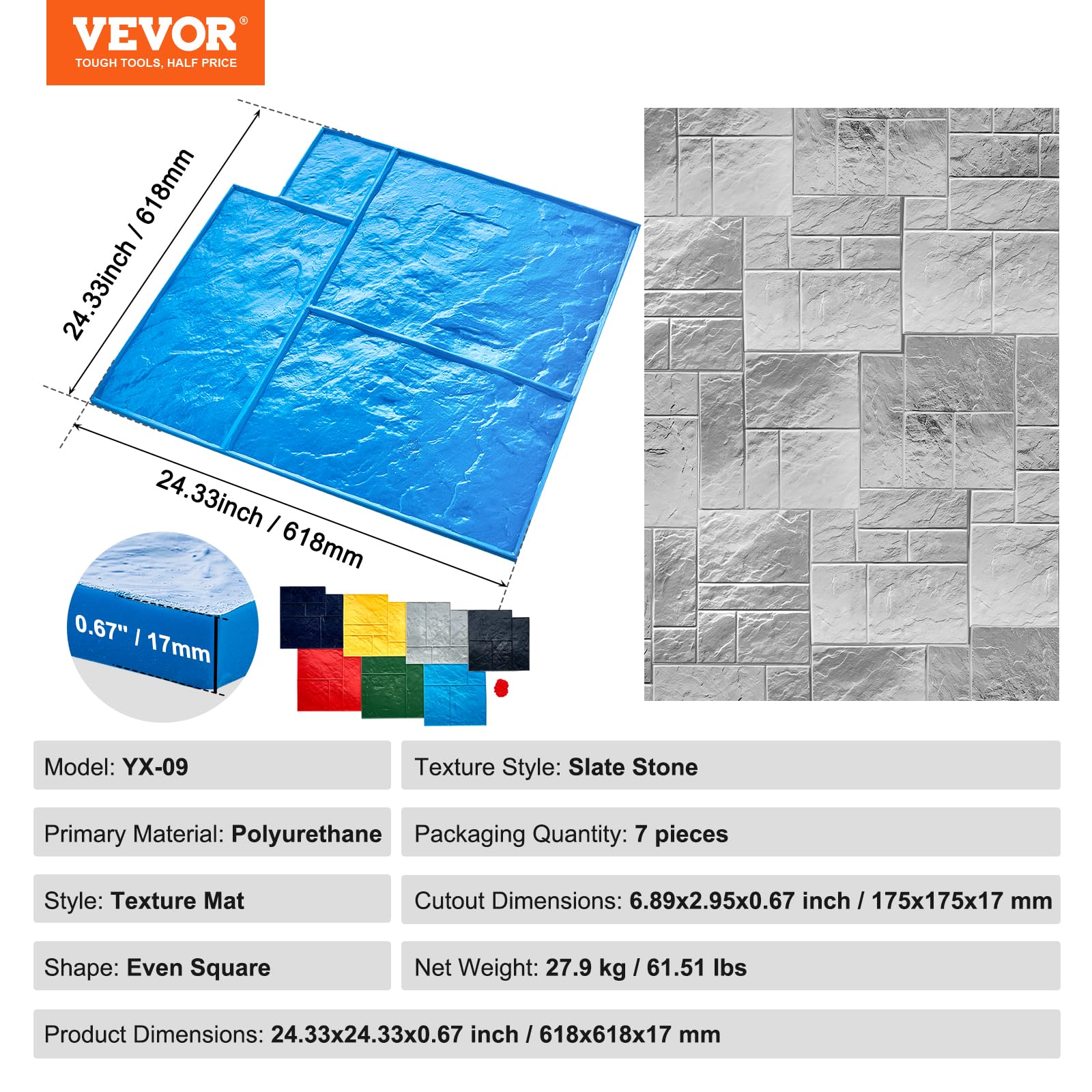 VEVOR Alfombrilla para Sellos de Hormigón 7 Piezas 618x618 mm Textura de Poliuretano para Revestimiento de Hormigón para Impresión de Suelo de Pizarra Moldes de Hormigón para Decoración de Exteriores