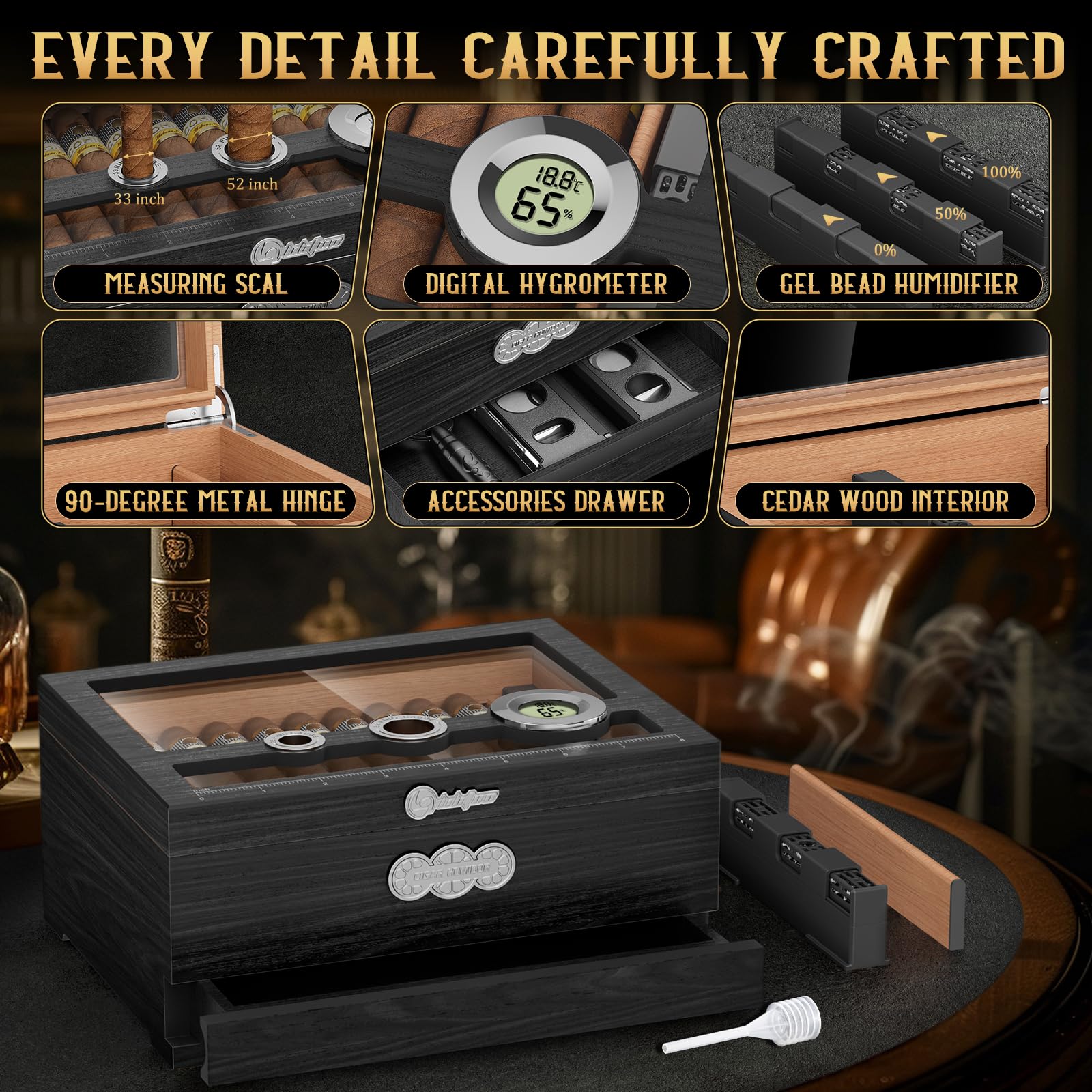 LIHTUN Zigarren Humidor, Glas Top Desktop Humidor Box, Zigarren Geschenke für Männer, Zedernholz Zigarrenkoffer mit Digital Hygrometer, Luftbefeuchter, Messskala und Zigarren Zubehör Schublade