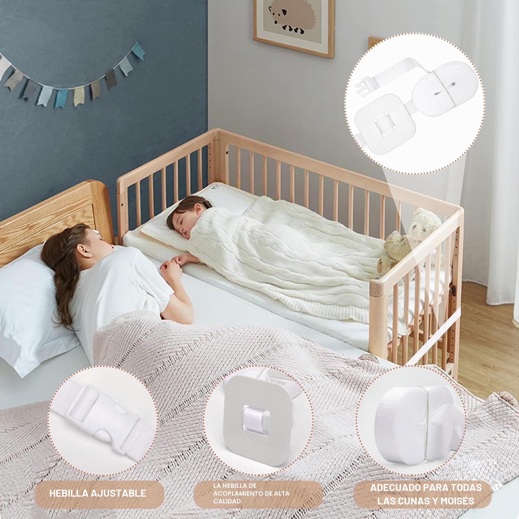 Correa para Cuna de Bebé Fijación de Cuna Auxiliar Correa Ajustable 8M Blanco para Acoplar a Cama de Adulto