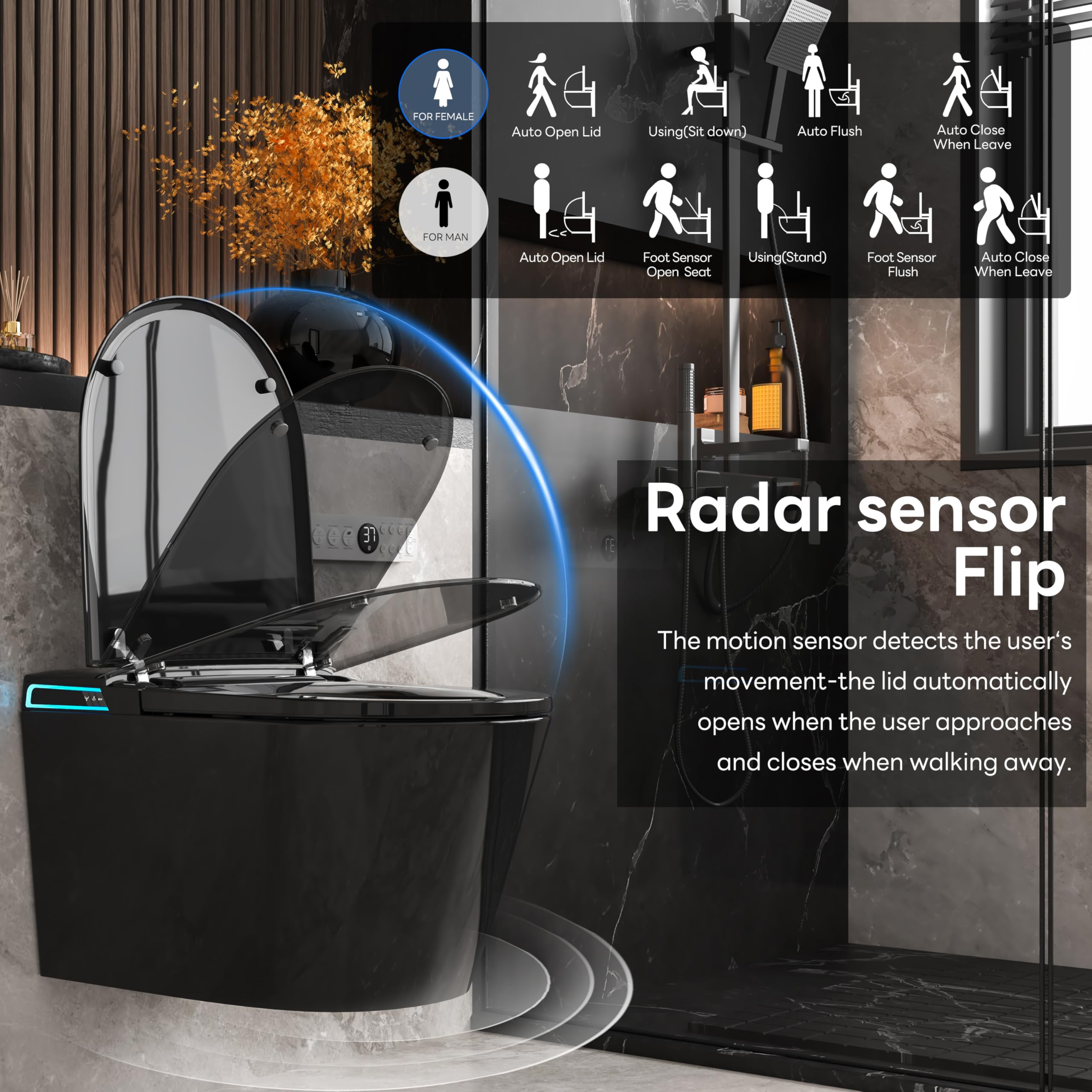Smart WC nero da appendere alla parete, scarico automatico, coperchio con apertura e chiusura automatica, sedile riscaldato, acqua calda/asciugatrice, moderno bidet allungato con supporto a