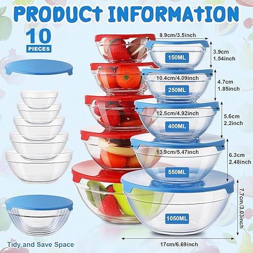 Miniatura 2 de Suclain Juego de 10 cuencos de vidrio para mezclar con tapas, cuencos de vidrio con tapas, varios tamaños, recipientes de almacenamiento de