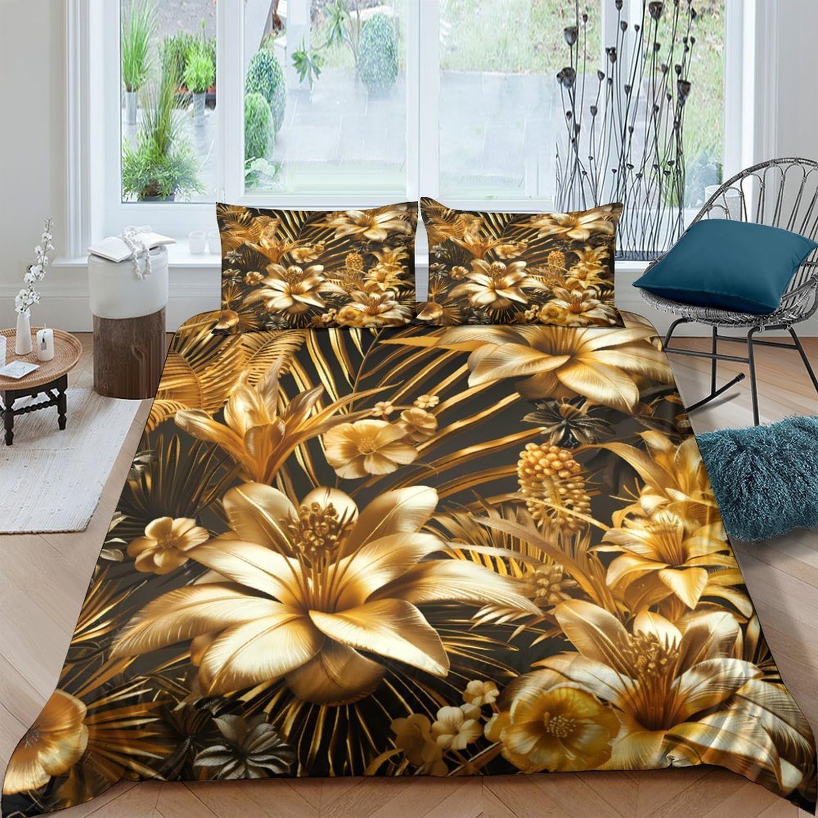 GPLZQXKJNH 3D Printed Golden Floral Duvet Cover Microfiber Soft Breathable Botanical Bedding Set with 2 Pillowcases for Bedroom Decor Single（135x200cm）