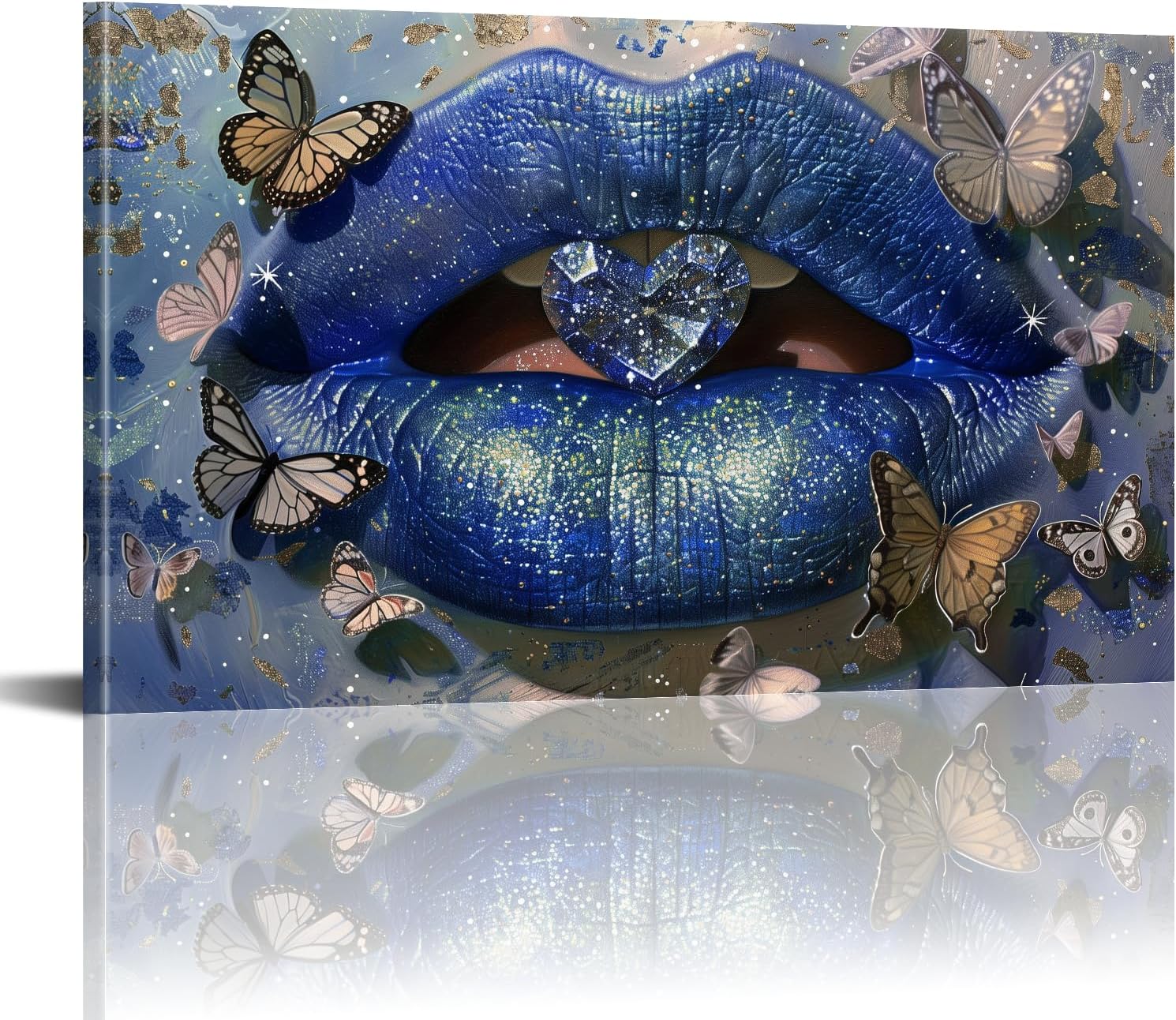 Lip Canvas Wall Art Blue Sexy Lip Pictures Fashion Painting Prints Heart Shape Diamond Poster for Woman Bedroom Bathroom Makeup Room Home Decor Framed(12"x18")