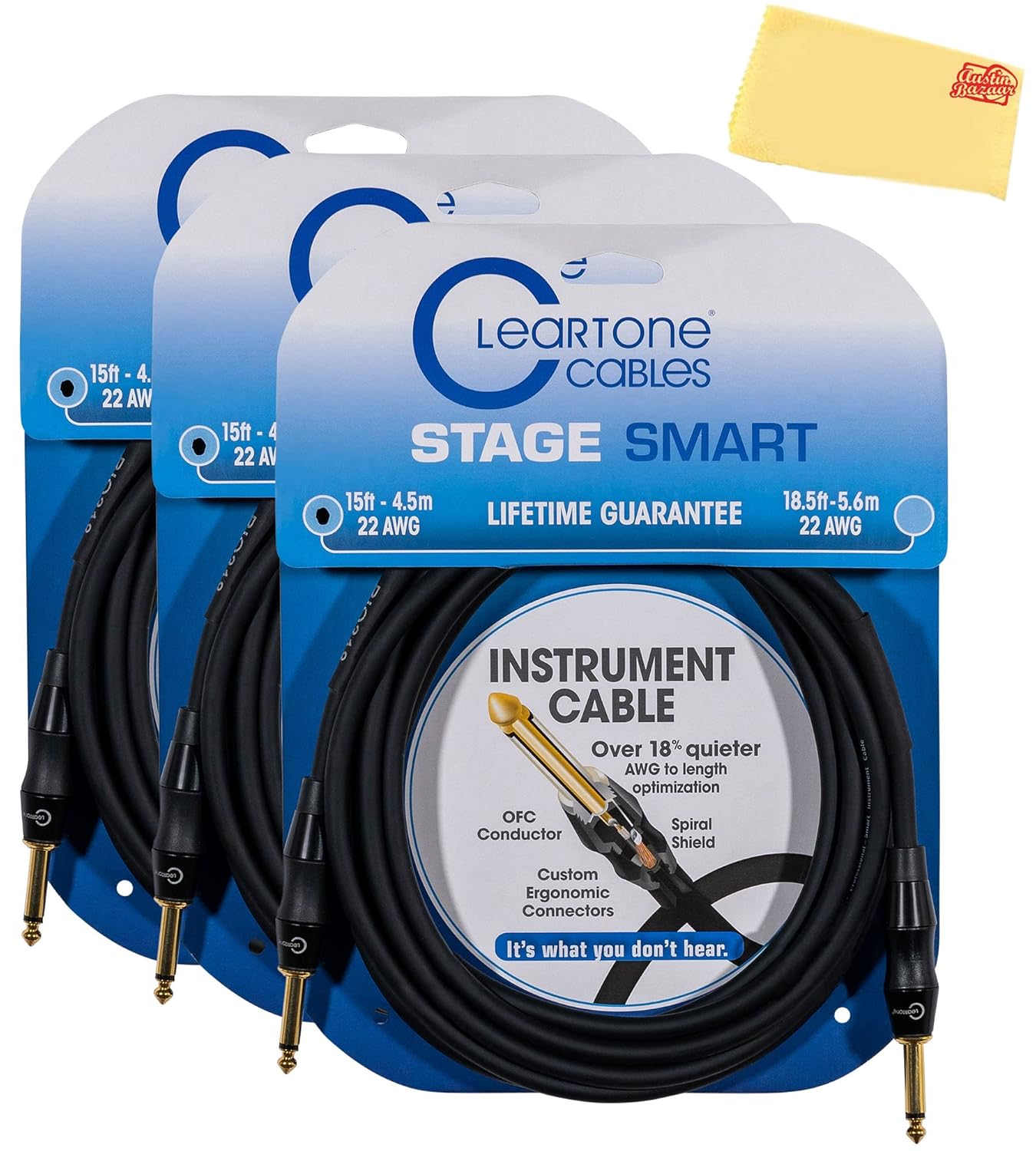 ClearTone Stage Smart Instrument Cable 15 ft -3-Pack Bundle with Austin Bazaar Polishing Cloth