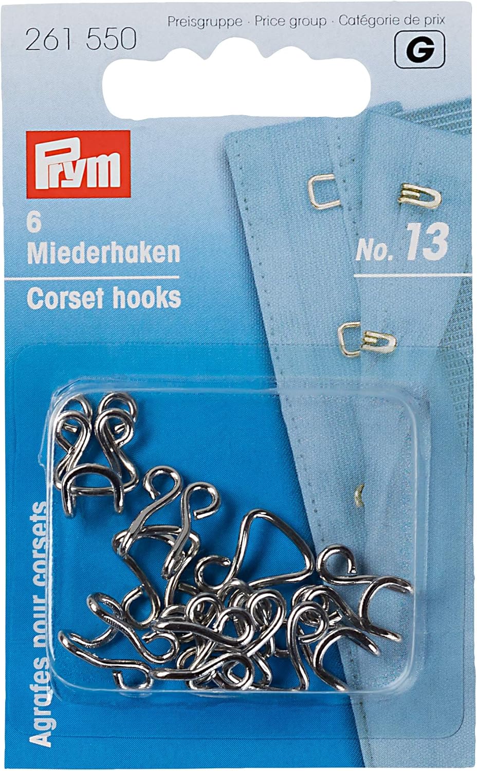 Prym Hooks and Eyes, Silver, Nr. 13, groß, silberfarbig, 6 Stück