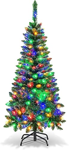 Goplus - Árbol de Navidad con luces LED, con bisagras y soporte de metal sólido, fácil de ensamblar, ideal para el hogar y la oficina