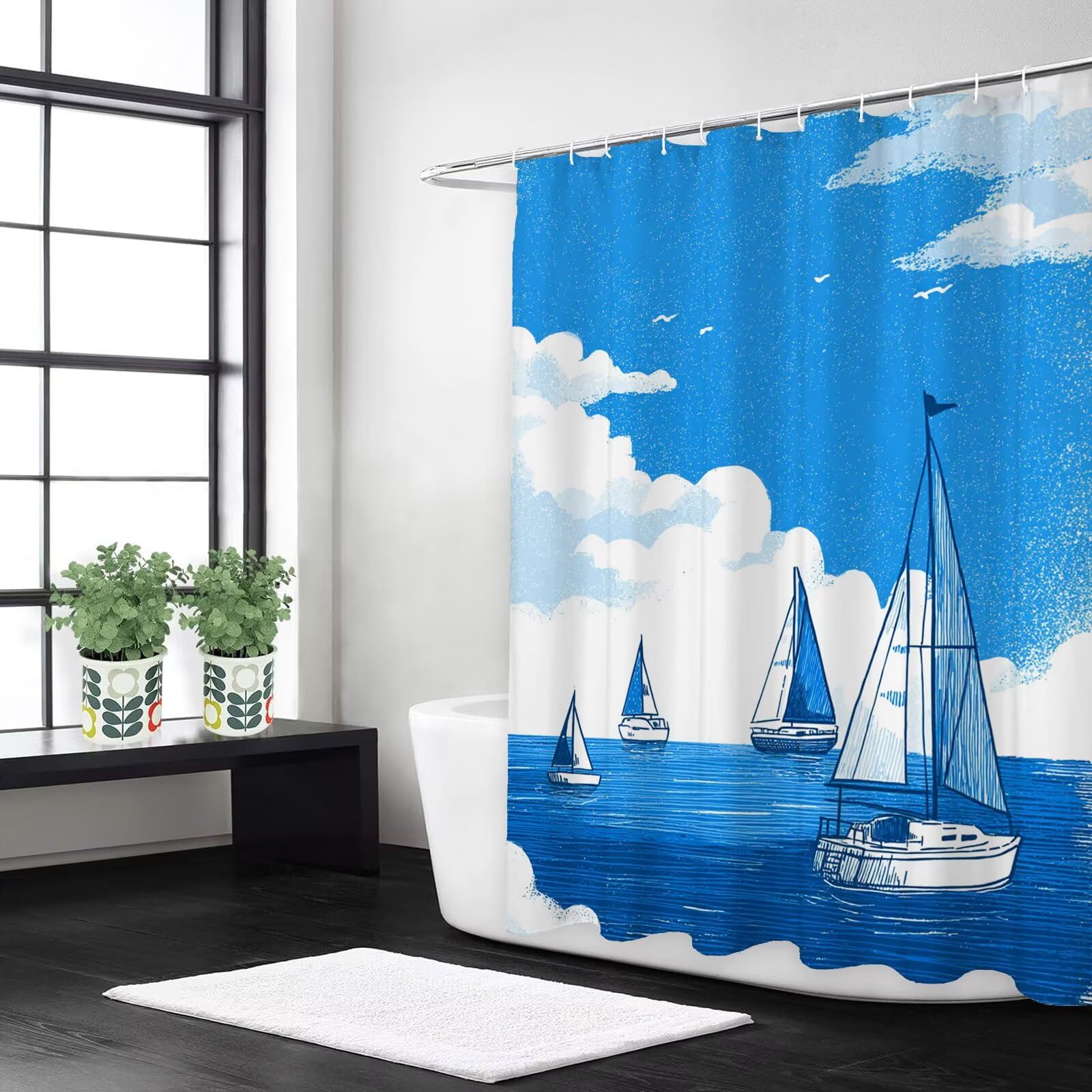 Rideau de douche 120x200 cm bleu au motif voilier en tissu lavable pour petite baignoire
