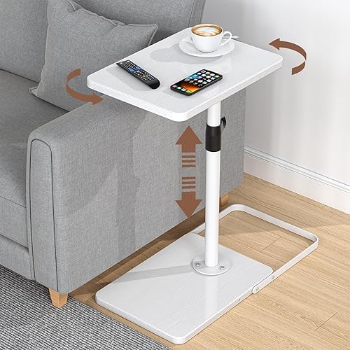 Miniatura 7 de Mesa C Mesa Auxiliar de Altura Ajustable, Bandeja de TV Giratoria 360°, Base Mejorada de Metal y Madera para Evitar Deslizamientos, Mesas de Negro