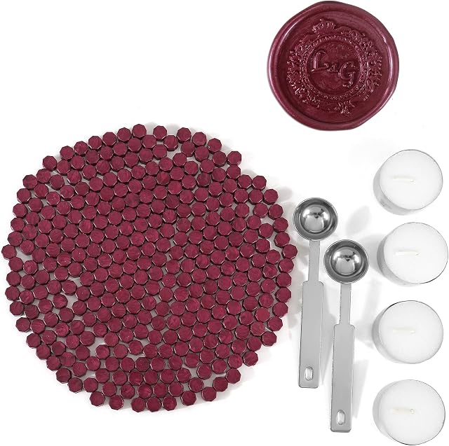 Mogokoyo 300 Pieces Octagonal Sealing Wax Beads Set, Wax Seal Beads Kit With 2Pcs Melting Spoon and 4Pcs Tealight Candles For Stamp/Letter Wax Seal (Red)