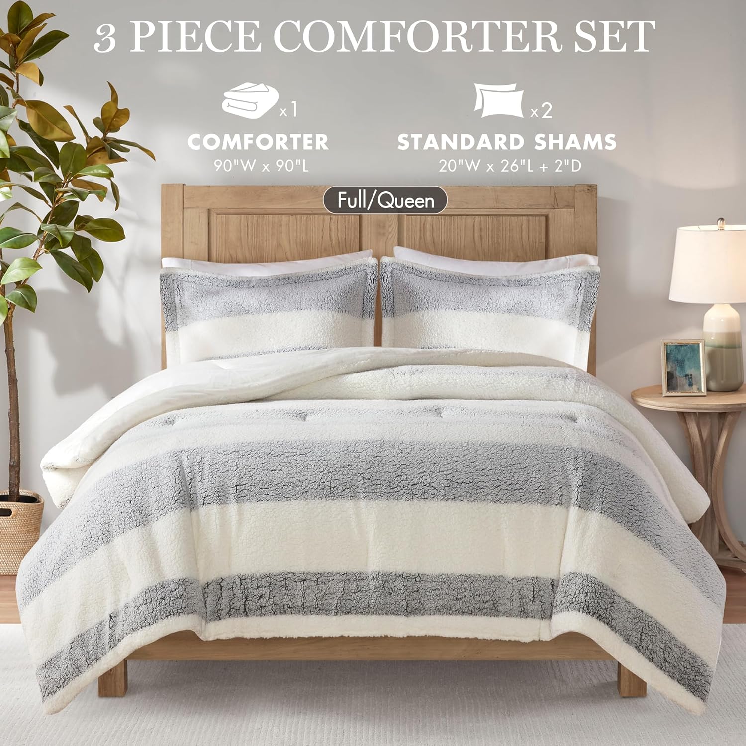 Madison Park Queen Comforter Set Sherpa Farmhouse Stripes, Faux Mink Reverse, Soft & Fluffy, Medium Weight Winter Comforter Queen Warm Bedding Set, 2 Shams, Hollis, Full/Queen Gray/Ivory 3 Piece