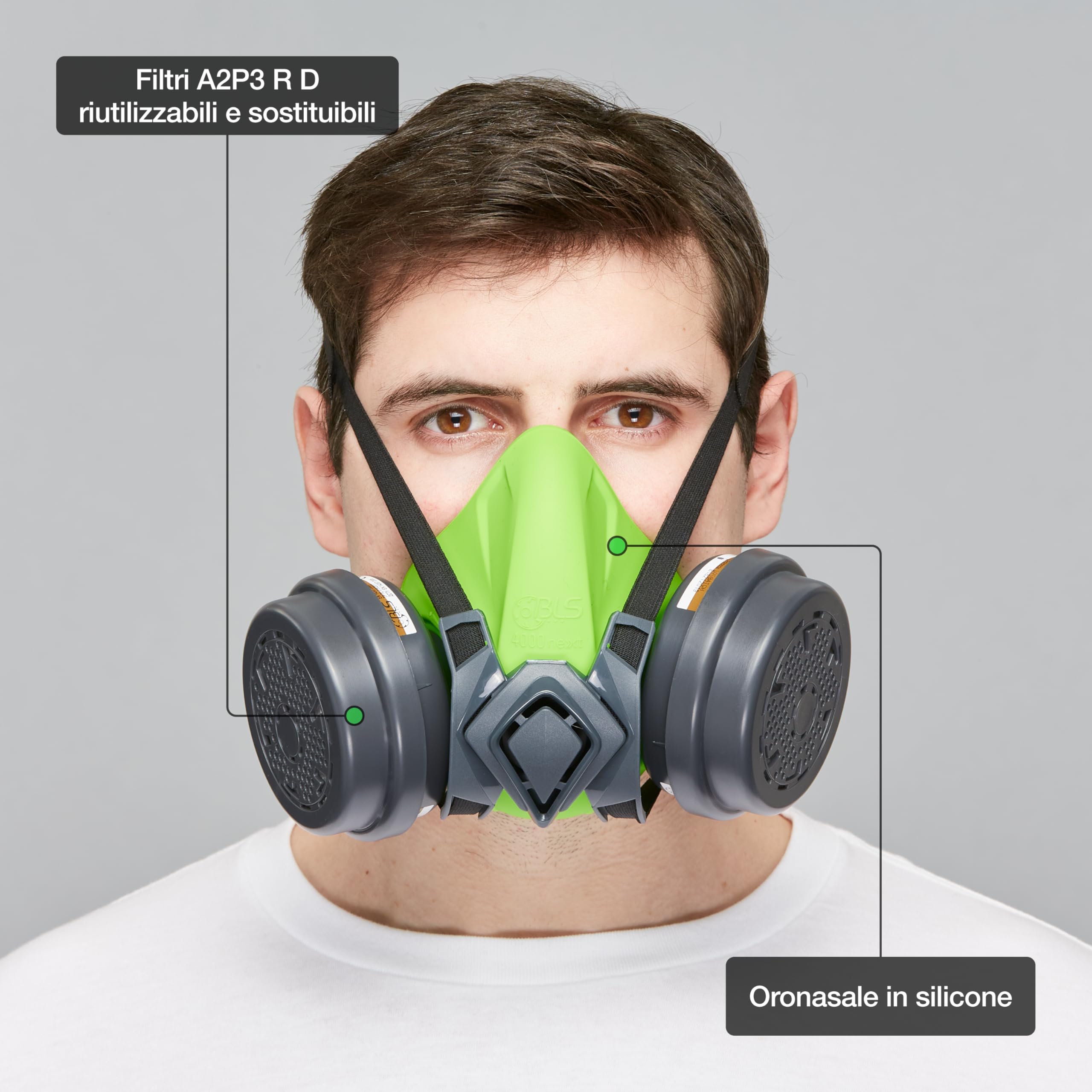BLS 4600next A2P3 R D Semimaschera Protettiva in Silicone e 2 Filtri Sostituibili 221 A2P3 con Attacco a Baionetta b-lock. Per Gas/Vapori, Polveri, Verniciatura, Stuccatura e Solventi