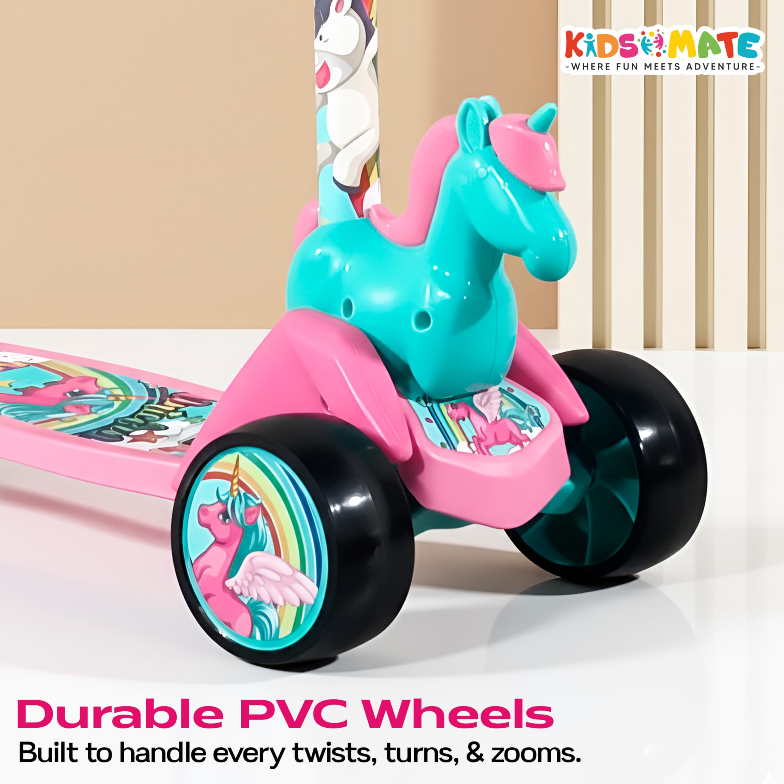 Kidsmate Unicorn Kick Scooter for Kids Age 3-8 Years | 3-Level Adjustable Height & PVC Wheels | Wide Non-Slip Deck & Rear Push Brake | Foldable Kids Scooters for Boys & Girls - Pink 1