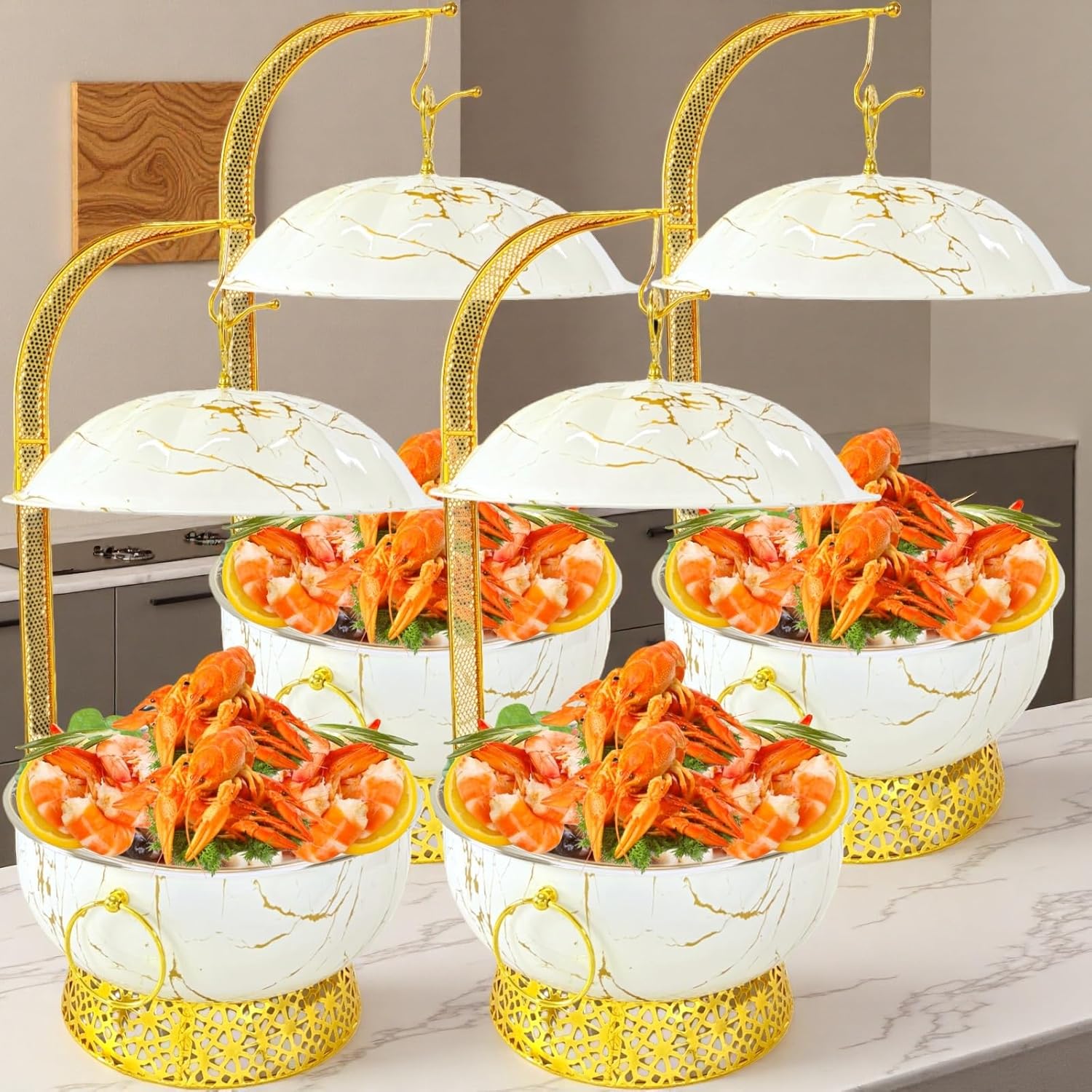 Round Chafing Dishes for Buffet 8 Pack, 8.5Qt /8L Stainless Steel Buffet Chafer, Hanging Lid Dining Stove, Buffet Server and Warmer Set, Countertop Warming Tray for Parties (Marble Color and Gold) 8