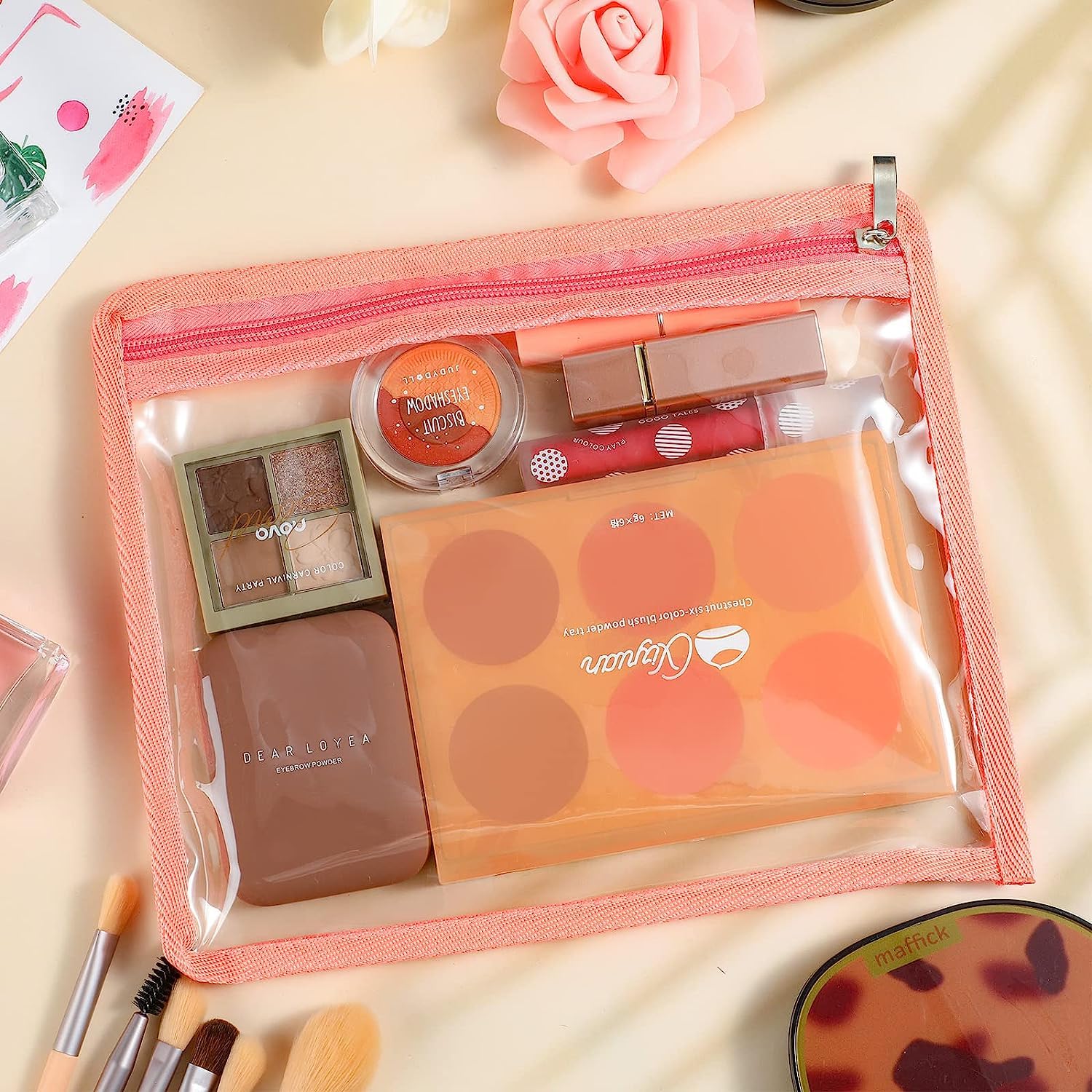 FRENYEAR Transparent Makeup Bags Cosmetic Makeup Bags | Clear PVC with Zipper Pouch Portable Travel Accessories Pouch-Black Border - Pink 3