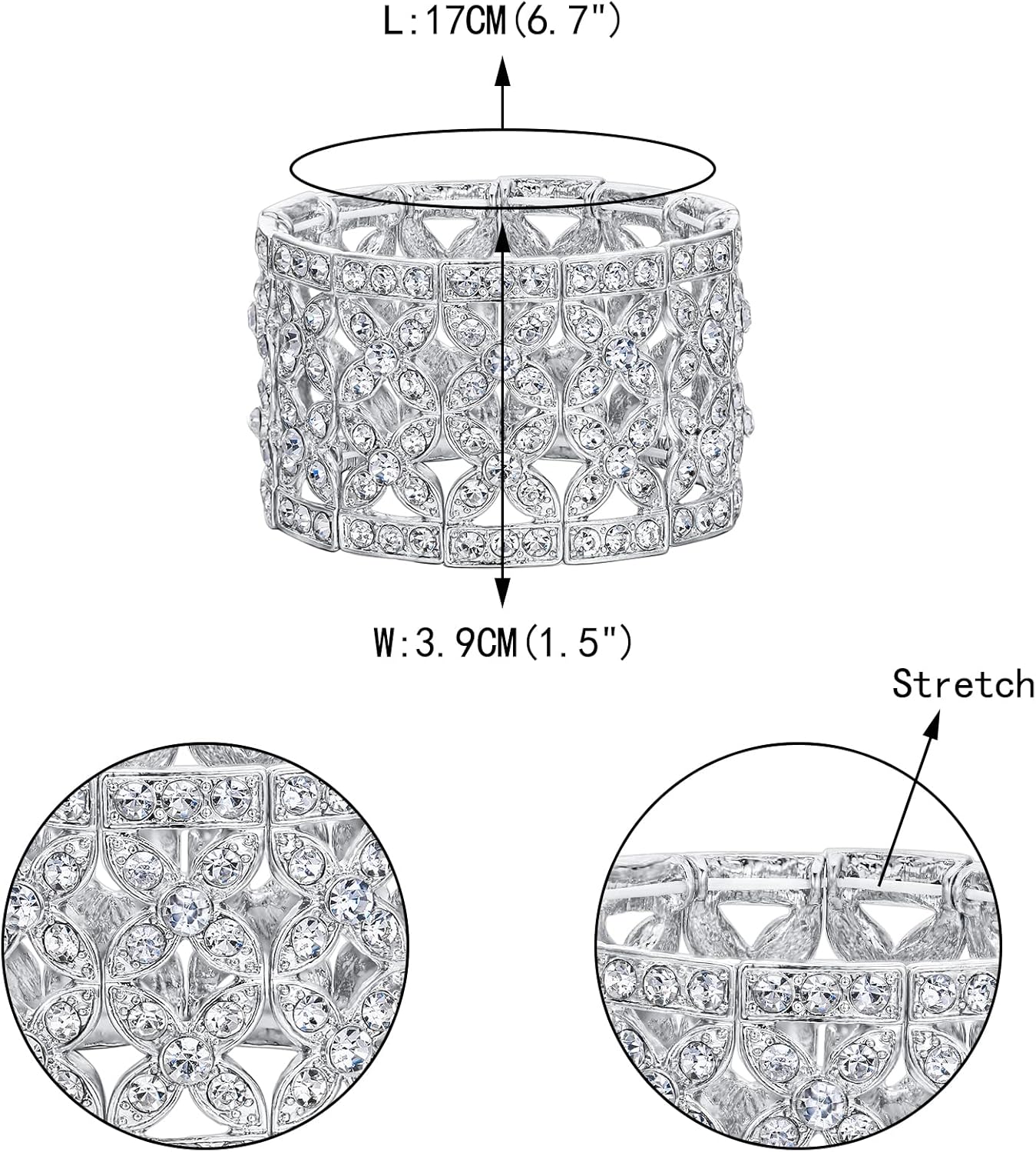 EVER FAITH Women's Austrian Crystal Elegant 2 Layers Hollow-out Bridal Flower Leaf Stretch Bracelet - Image 5