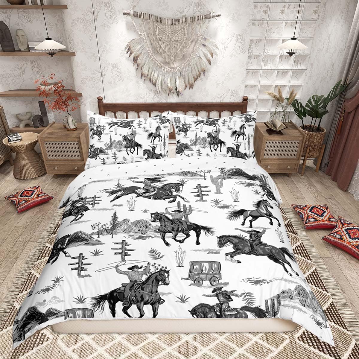 Loussiesd Western Decor Comforter Cover Set King Size Wild West Cowboy Cowgirl Bedding Set Children Horse Desert Rodeo Cowboy Style Bedding Duvet Cover Set Grey Bedspread Cover 3Pcs(No Comforter) โ image 1