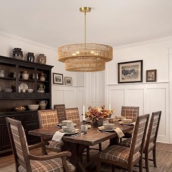 22 Boho Rattan Chandelier, 5-Light Rattan Pendant Light | 2-Tier Hand Wove Wicker Shade, Farmhouse Drum Hanging Light for Dining Room, Living Room, Bedroom, Kitchen Island