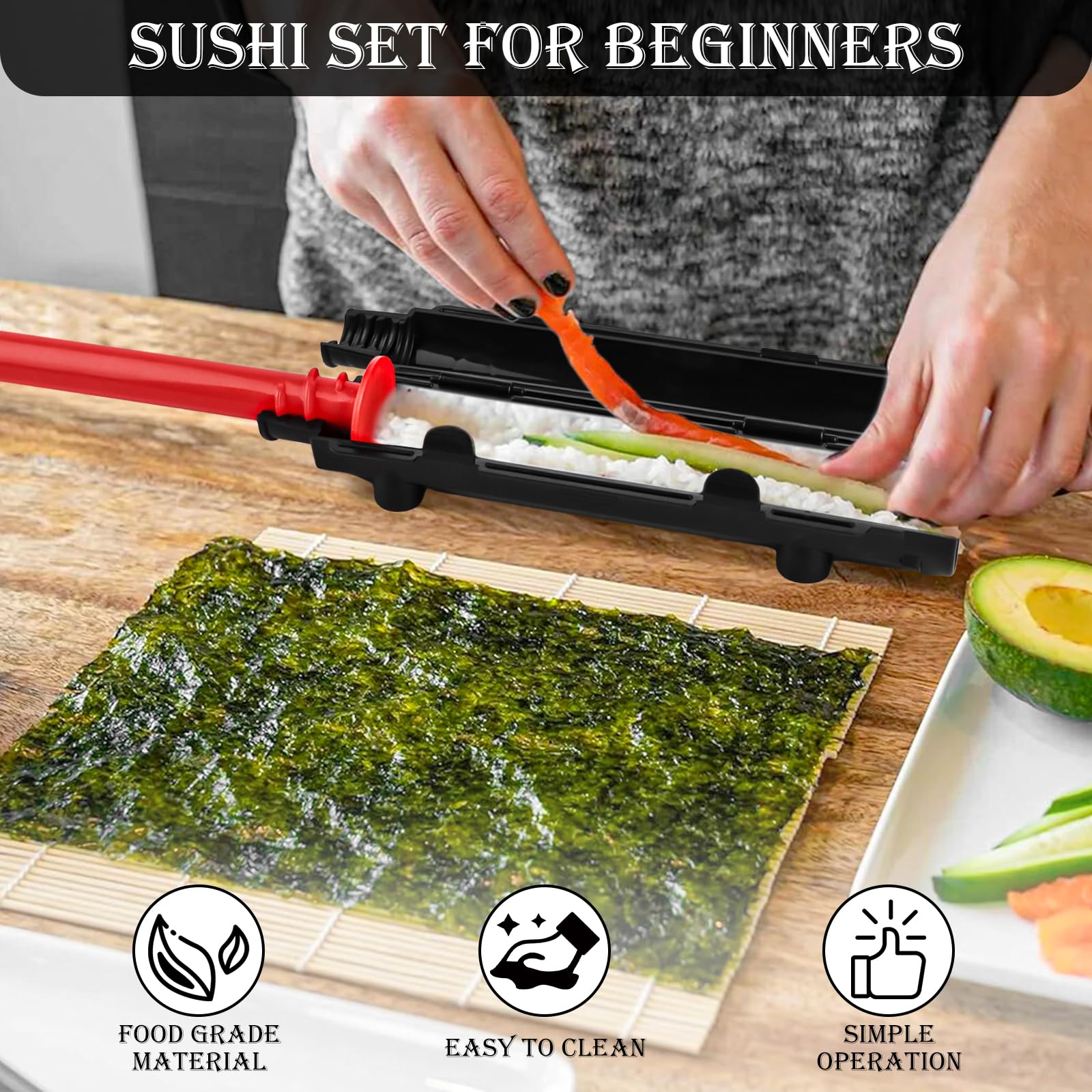 Kit Sushi Set, Sushi Bazooka Set Set Stampi Per Susshi Kit, Maker Bazooka con Coltello, Bacchetta di Riposo e Cucchiaio da Riso