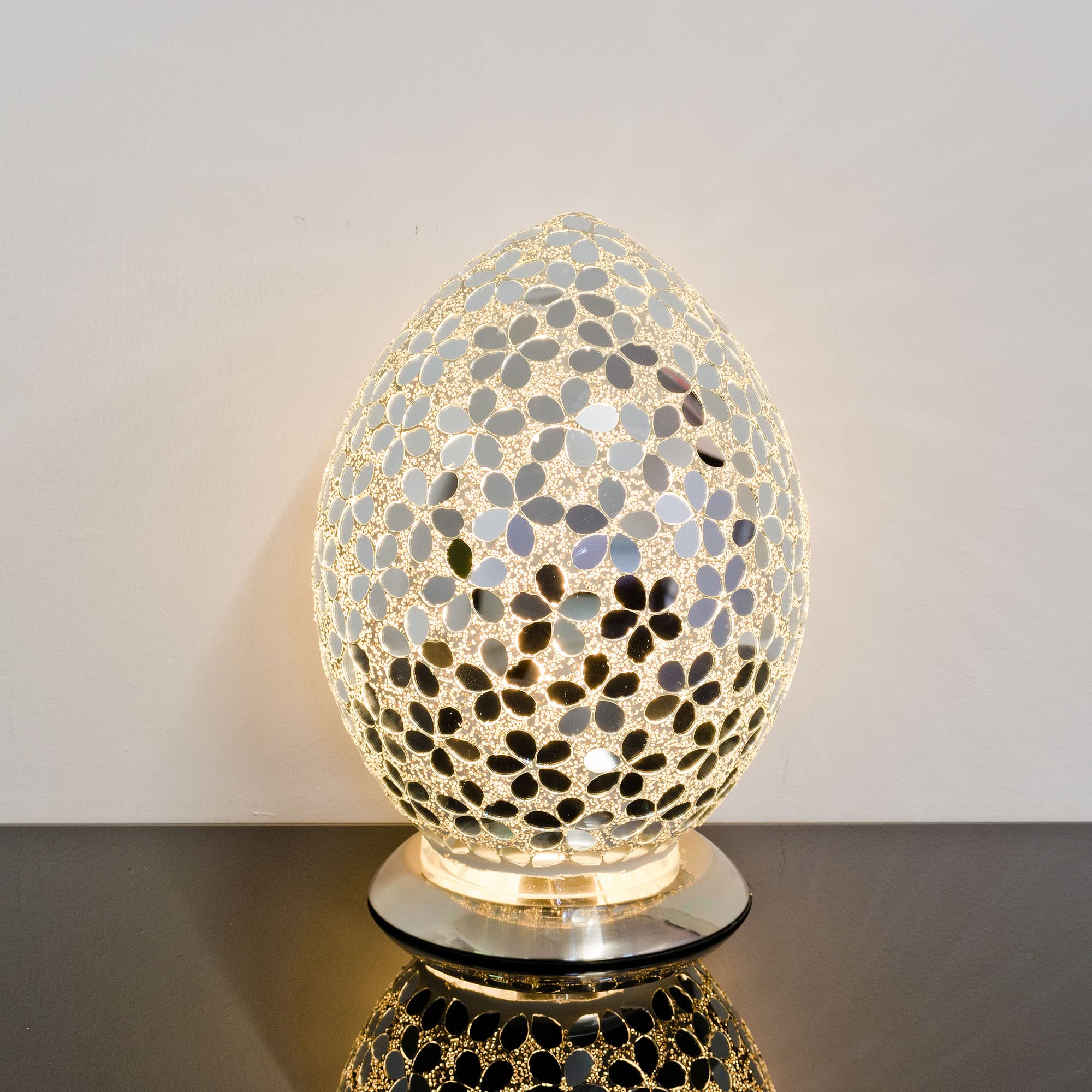 Design By Pepper Mosaic Glass Egg Table Lamp – 30cm Decorative Ambient Light with Chrome Base (Mirrored Flower)